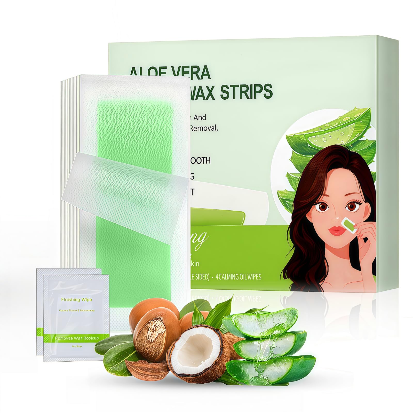 Wax Strips for Face, 20Pcs Waxing Strips for Body Hair Removal, Waxing Kit for Women with 20 Face Wax Strips & 2 Calming Oil Wipes，aloe-PaleGreen1
