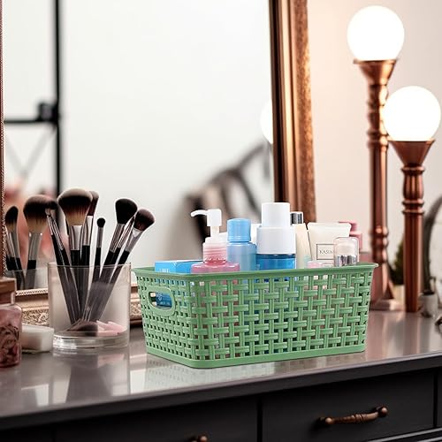 Miniatura 5 de Sadstory - Cesta de almacenamiento tejida de plástico verde oscuro, cesta de plástico para estantes, 6 paquetes