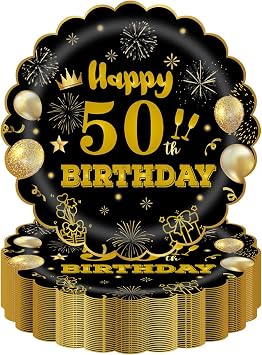 50Pcs 50th Birthday Party Paper Plates,7inch Disposable Black and Gold Scalloped Dessert Tableware for Wedding Anniversary Reception Event Decorations