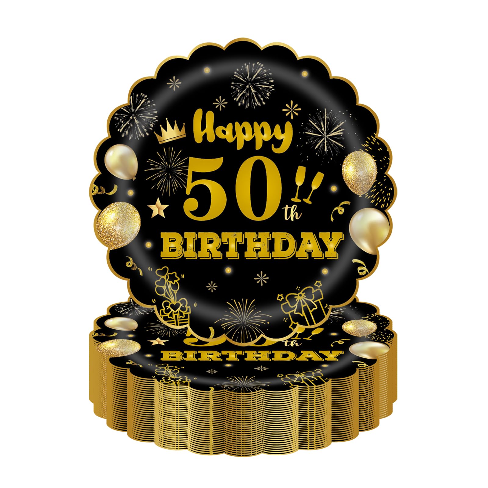 HFBOBP 50Pcs 50th Birthday Party Paper Plates,7inch Disposable Black and Gold Scalloped Dessert Tableware for Wedding Anniversary Reception Event Decorations