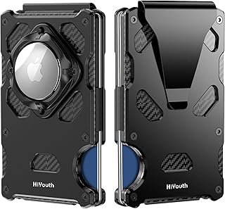 Carbon Fiber Minimalist Wallet For Men - Smart Airtag Wallet With Money Clip - RFID Mens Wallet Slim Metal, Cool/Thin, Jet Black, Carbon Fiber Minimalist Wallet for Men With Airtag Holder, Metal Money Clip