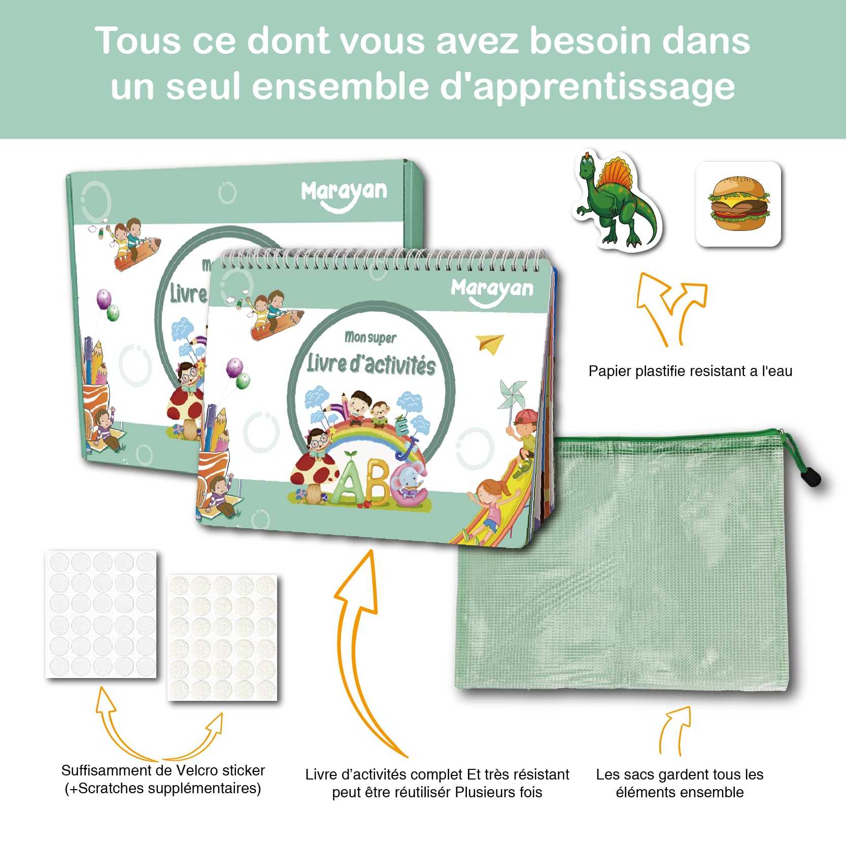 MARAYAN Quiet Book Montessori - Livre Activites Enfant 2 3 4 5 Ans, 15 Themes Educatifs en Francais, Motricite Fine & Alphabet, Cadeau Fille Garcon Anniversaire Noel Voyage, Busy Book, Jouet Sensoriel