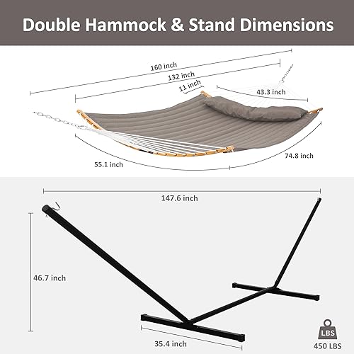 Miniatura 6 de SUNCREAT Hamacas Hamaca portátil con marco, hamaca doble para patio trasero con barra esparcidora curva, marrón