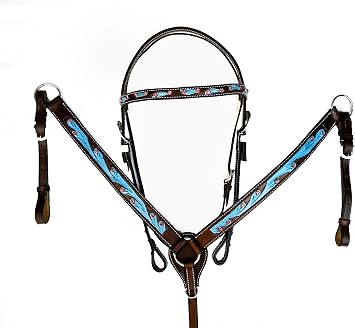 Hulara Top Grain Buff Leather Western Bridle and Breast Collar Set Tooled Headstall and Horse Breastcollar Western Tack Set Horse Breast Collar Western Bridle Sets Horse Headstall and Breast Collar