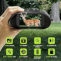 Vista 2 de Gafas de visión nocturna, prismáticos de visión nocturna 4K de 112 MP para adultos, zoom 12X y batería de 5000 mAh, tarjeta de 64 GB incluida