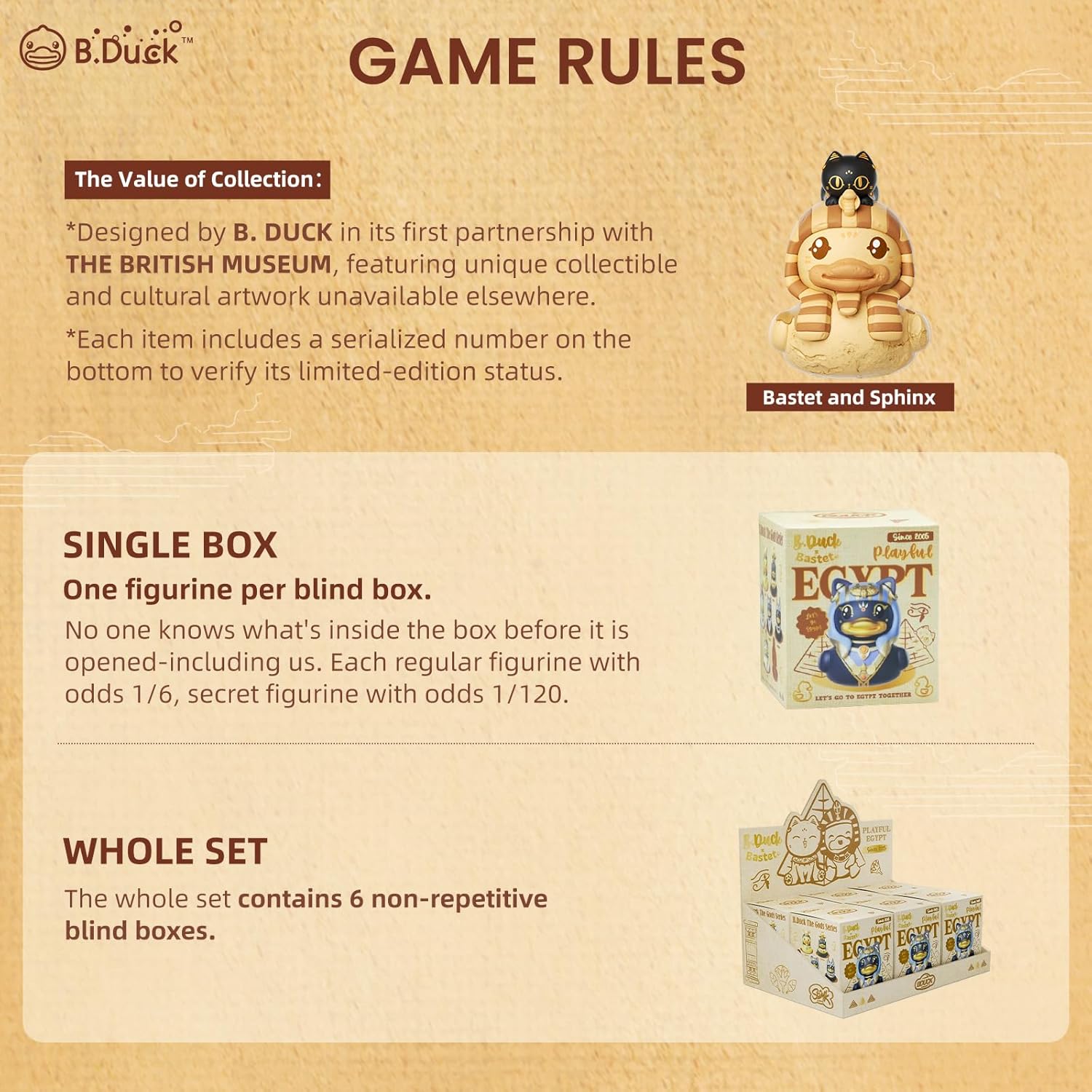 B.Duck x British Museum Blind Box, Egyptian God Collectible Duck Figurines Series,Home Decorations, Holiday Birthday Gifts (B.Duck x Bastet Series, Whole Set (6 Item))