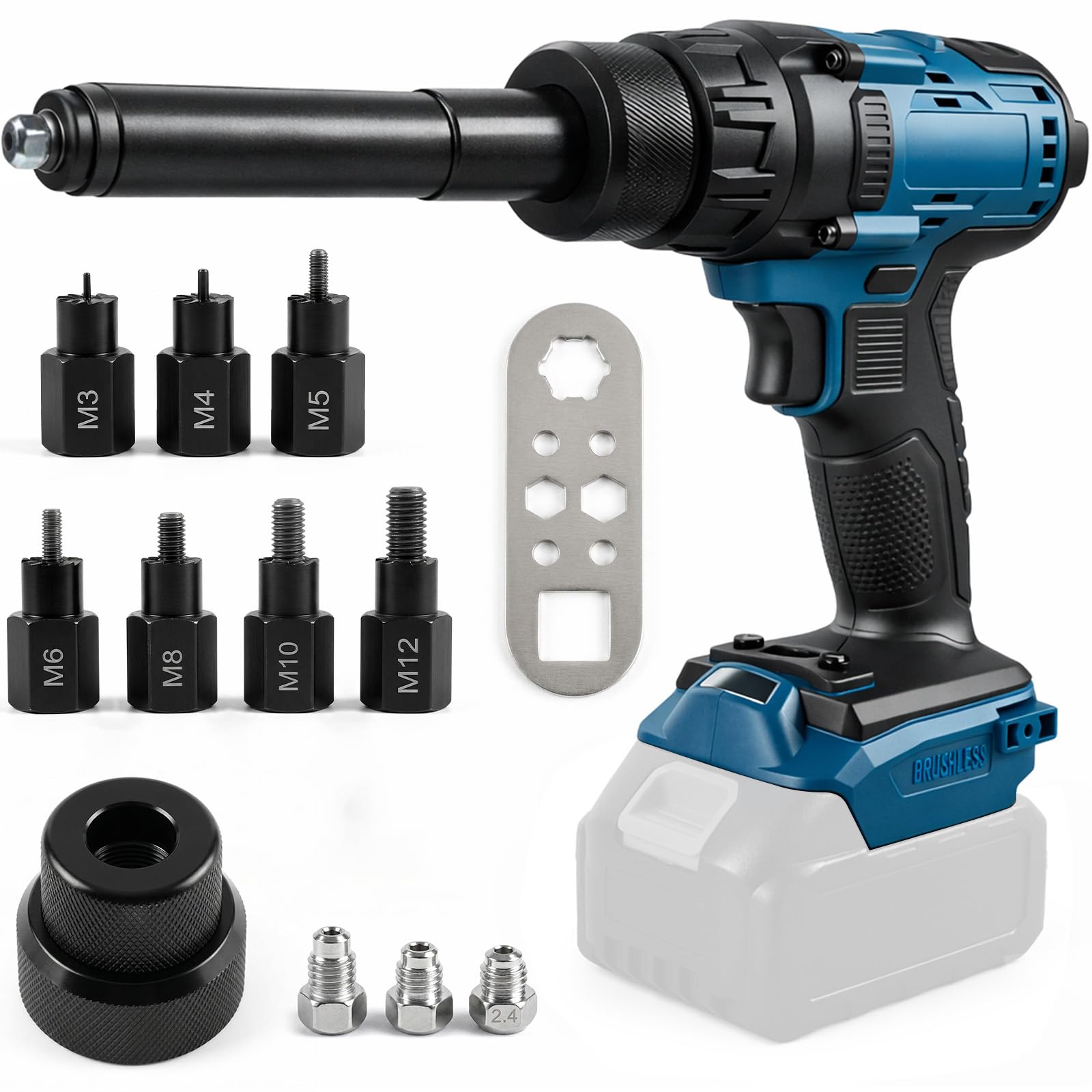 2 in 1 Kabelloses Nietgerät und Nietmutterpistole kompatibel mit Makita 18V-Akku, Elektrische Nietzange mit Brushless-Motor, Inklusive M3/M4/M5/M6/M8/M10/M12 Muttern, 4 Adaptern (ohne Akku)