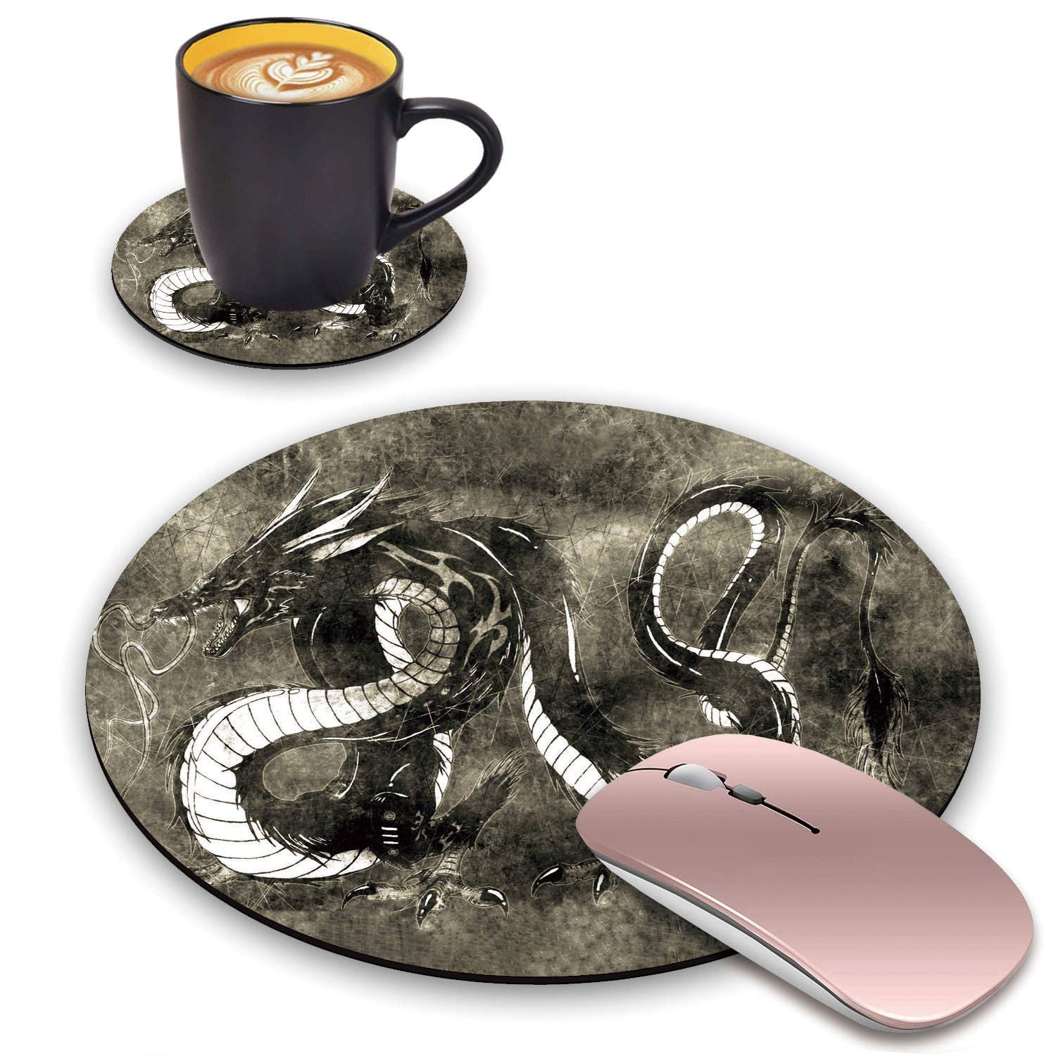 BWOOLL Round Mouse Pad and Coasters Set, Dragon Design Mouse Pad, Non-Slip Rubber Base Mouse Pads for Laptop and Computer