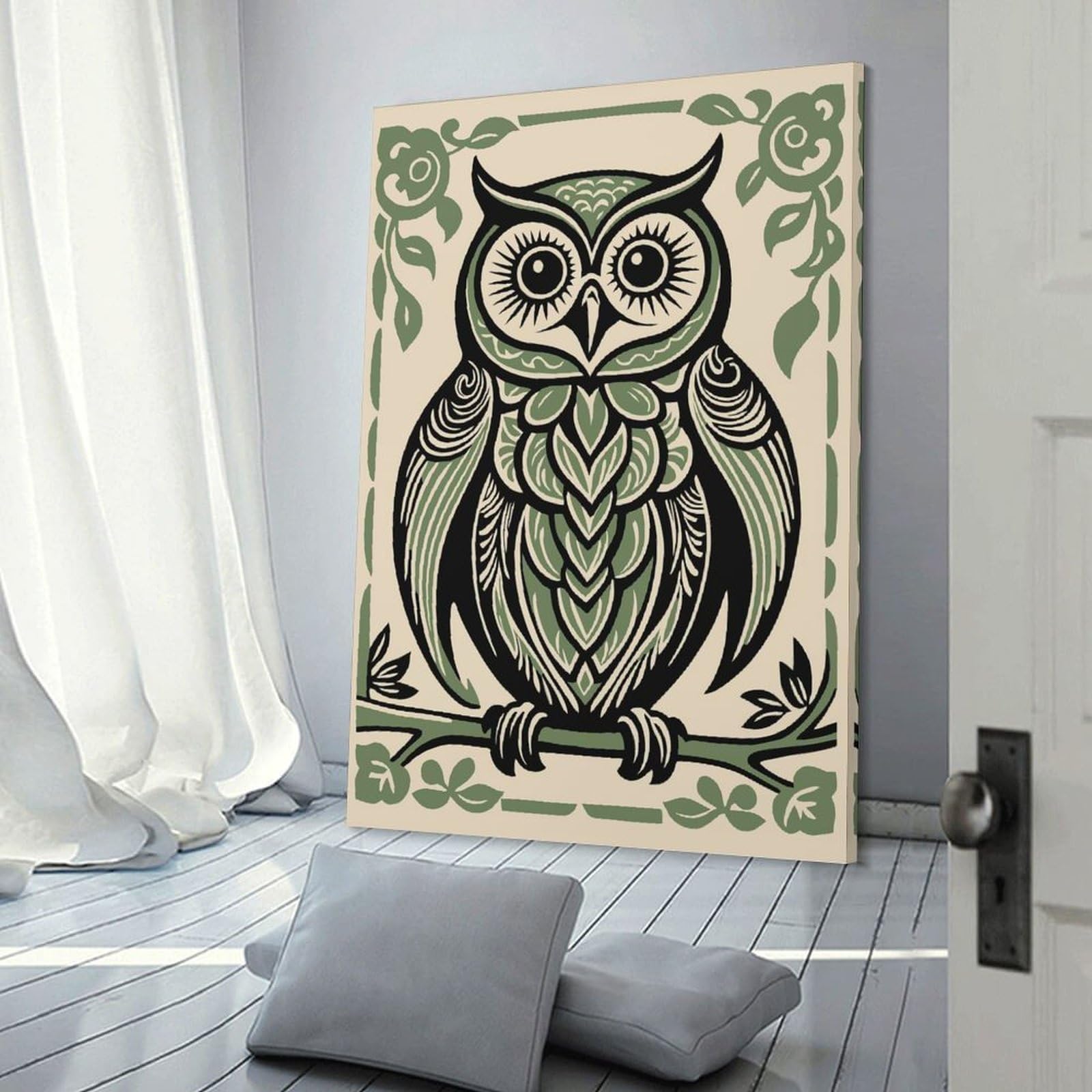 Junmoney Canvas Wall Decor Stylized Owl Illustration with Floral Frame, 24x36inch(60x90cm), for Bedroom Decor, Cosy Corners Or Studios, Decorative Wall Art for Cosy Rooms