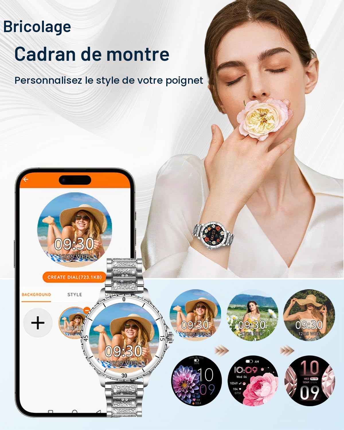 Montre Connectée Femme avec Appel Bluetooth, 1.27" Smartwatch avec Bracelet Diamant, Compatible Android/iOS, IP68 Imperméable Fitness Tracker avec 120+ Sports Fréquence Cardiaque, Sommeil, Argent