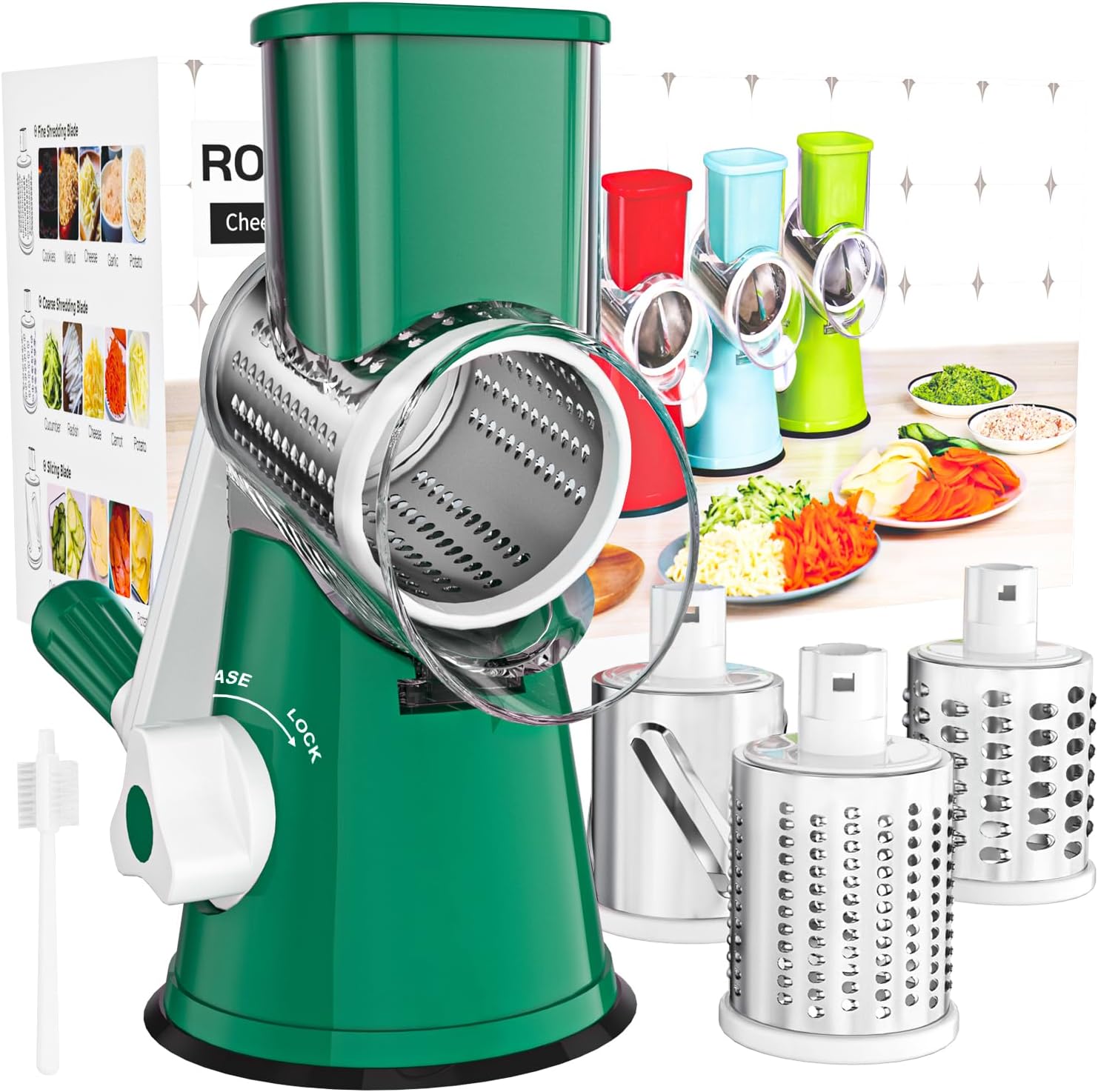 Cambom Rotary Cheese Grater Hand Crank Cheese Shredder for Fresh Cheese, Vegetable, Nuts,Non-slip Suction Base, Free Cleaning Brush Three Blades, Deep Green 3 BLADES Dark Green