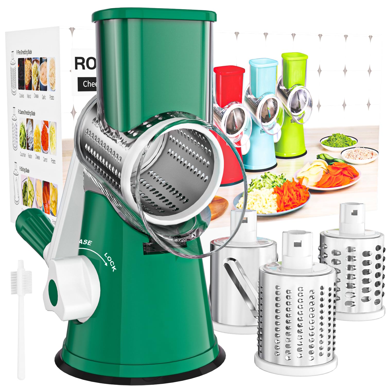 Cheese Grater Cheese Shredder - Manual Rotary Cheese Grater with Handle Vegetable Slicer Nuts Grinder 3 Replaceable Drum Blades and Strong Suction Base Free Cleaning Brush