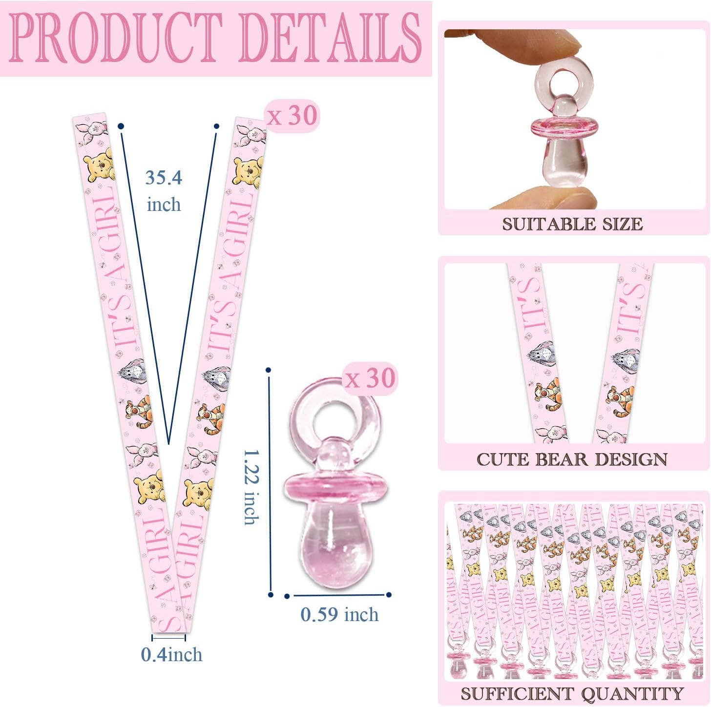 30 Sets Winnie Pacifier Necklaces for Baby Shower Party, Baby Shower Favors, Pink Acrylic Pacifiers with Pink Ribbon, Pooh Pacifier Necklace Gifts, Bear Party Decorations