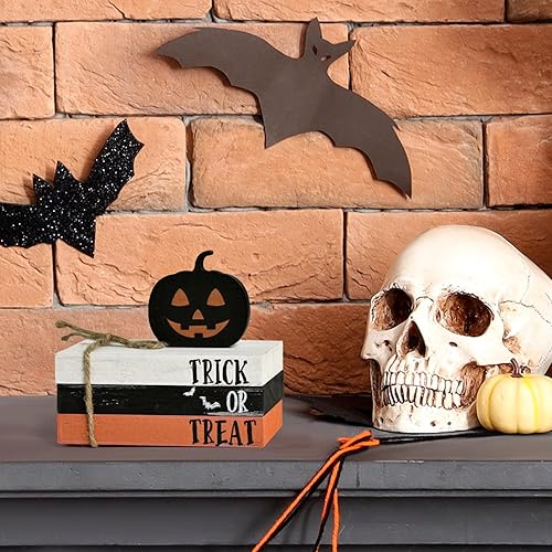 Miniatura 3 de Smile Happy - Pila de madera de Halloween, paquete de mini libros falsos de calabaza, decoración de bandeja escalonada de truco o trato, decoración