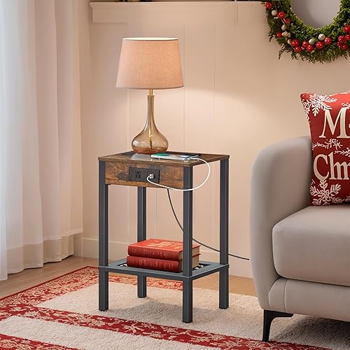 Miniatura 5 de HOOBRO Mesa auxiliar con estación de carga, mesa auxiliar con puertos USB y tomacorriente, mesita de noche con estante de almacenamiento, decoración