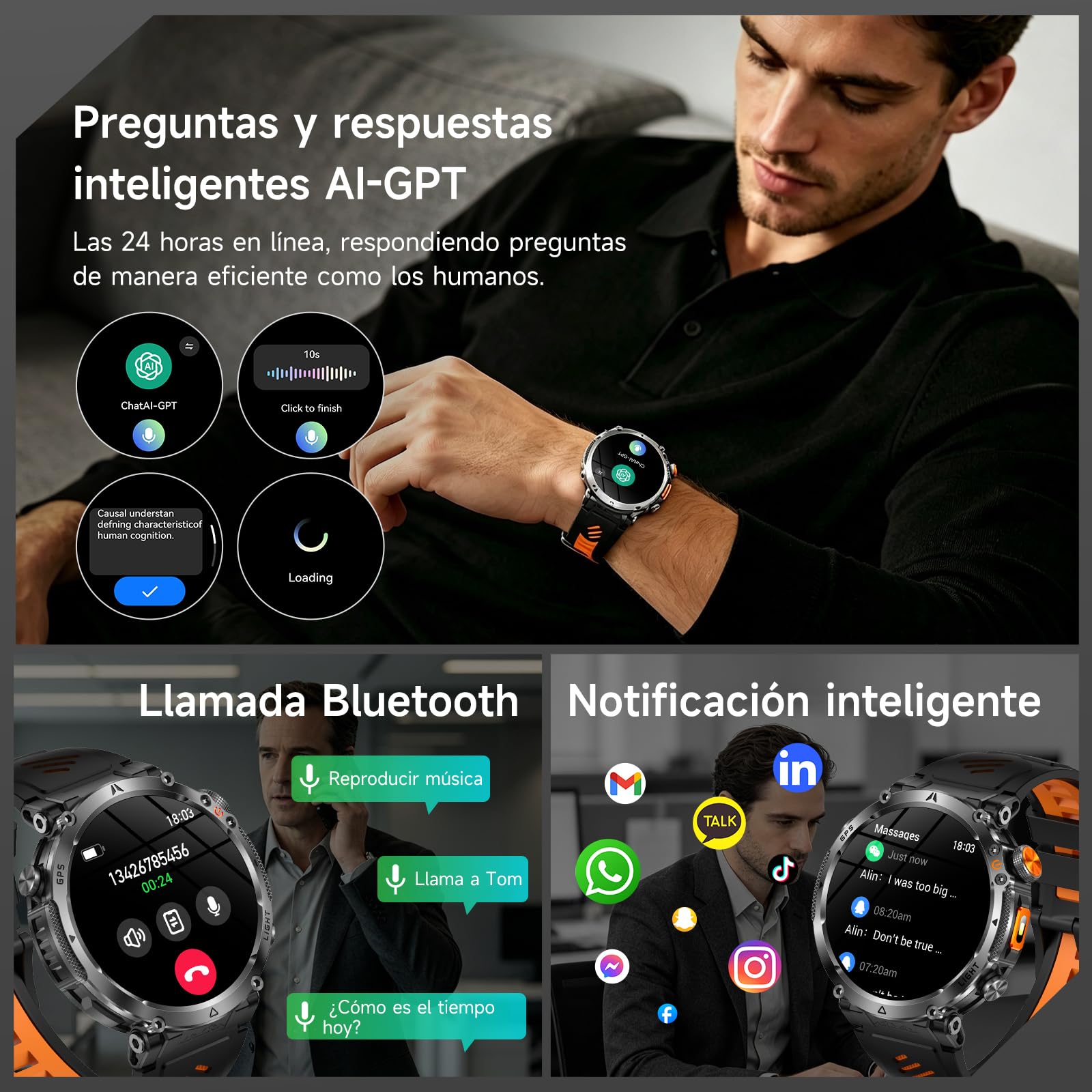 YUPENG Reloj Inteligente Hombre Militar, GPS/Brújula /850mAh Batería | 1.7" Impermeable Smartwatch con Chat-GPT Linterna Frecuencia Cardíaca, Sueño Salud,Función telefónica Pulsómetro,iOS/Android