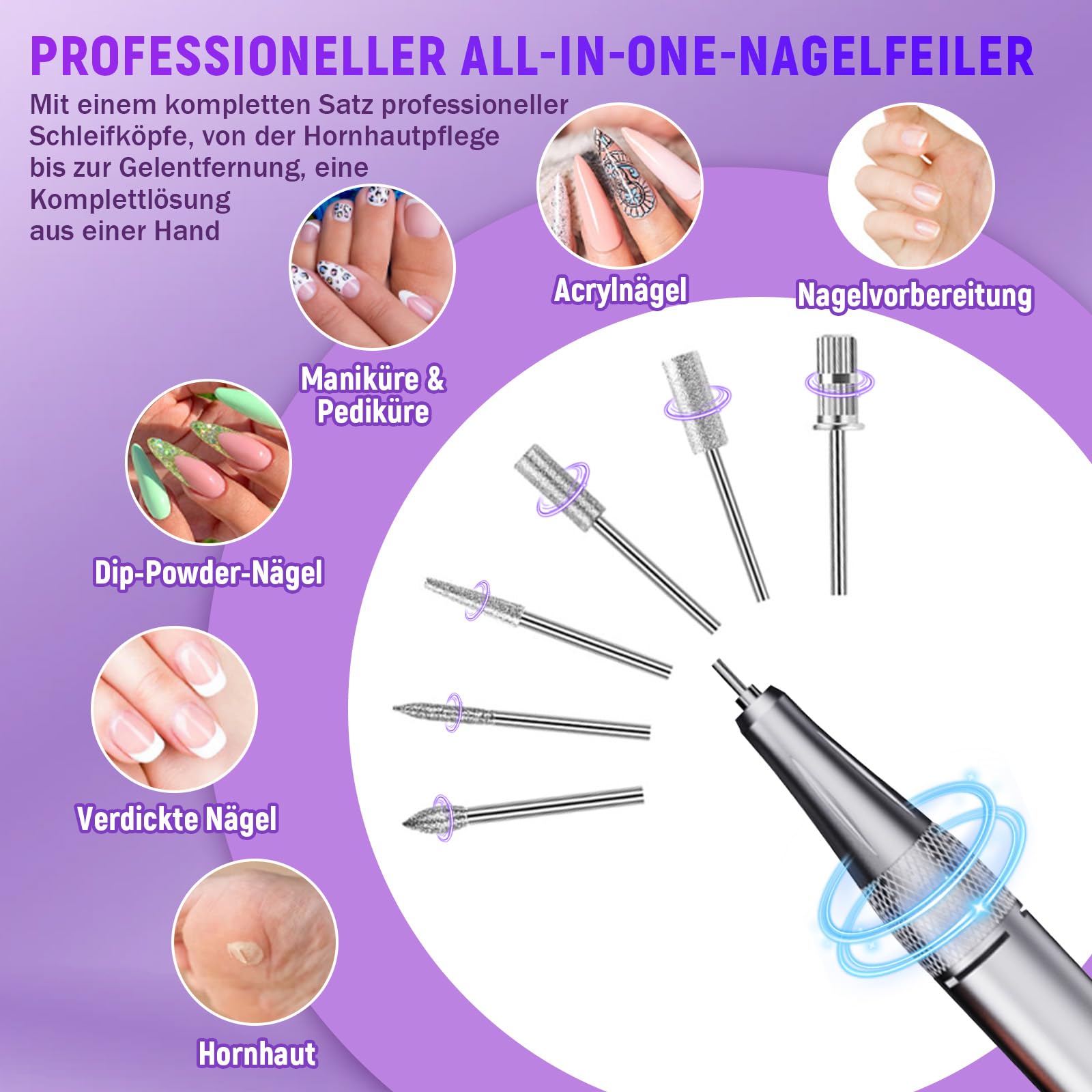 BQ-114 Pediküre Set Fußpflege Elektrisch 45.000 U/min,Wiederaufladbares Akku,Stufenlose Drehzahlregelung,8 Stunden Akku,für Acryl/Gel-Entfernung /Maniküre/Nagelformung/Nagelhautpflege/Salon (Rosa)