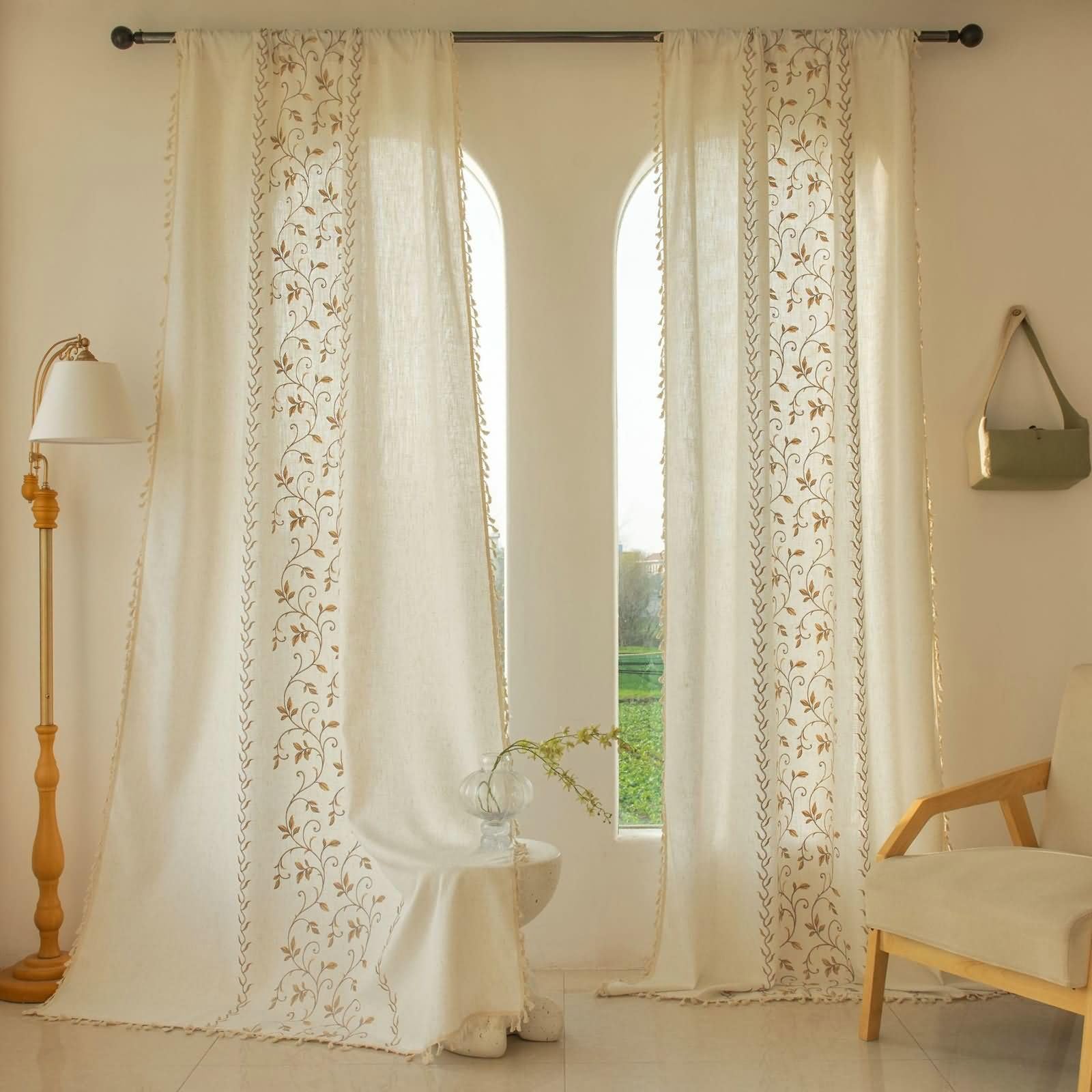 Rideau chambre motif floral brodé KnSam de haute qualité beige
