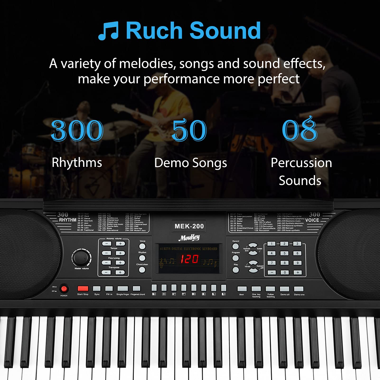 Moukey 61 Teclas Teclado de Piano Eléctrico para Principiantes, Piano Digital con Atril y Pegatinas de piano, Pantalla LED, 300 Ritmos, 300 Tonos, 50 Demos y Modo de Aprendizaje para Niños, MEK-200