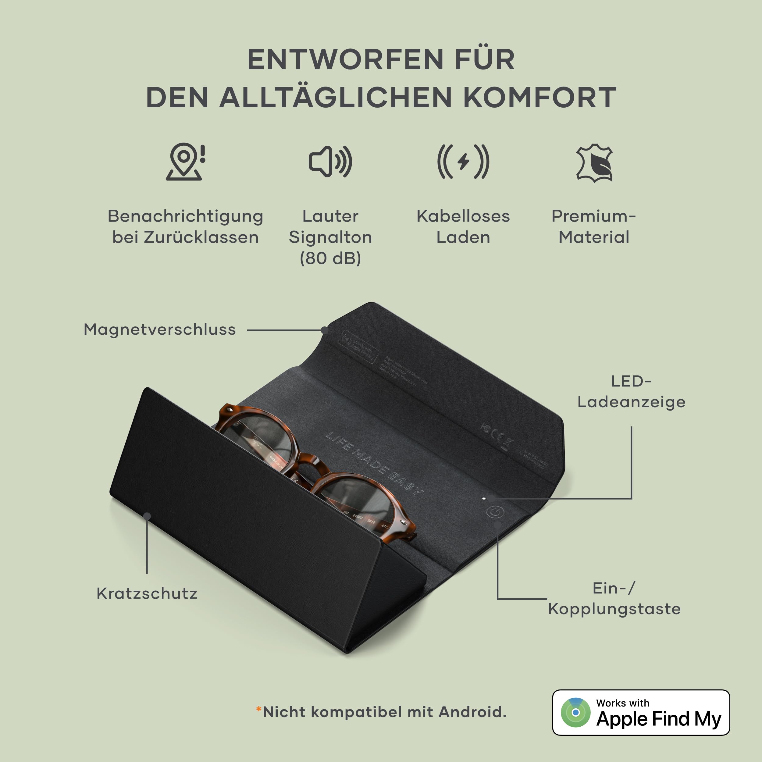 SATECHI FindAll™ faltbares Brillenetui | Apple Find My als GPS-Tracker-Alternative, kabellos aufladbar, Zurücklasswarnung und lauter Signalton