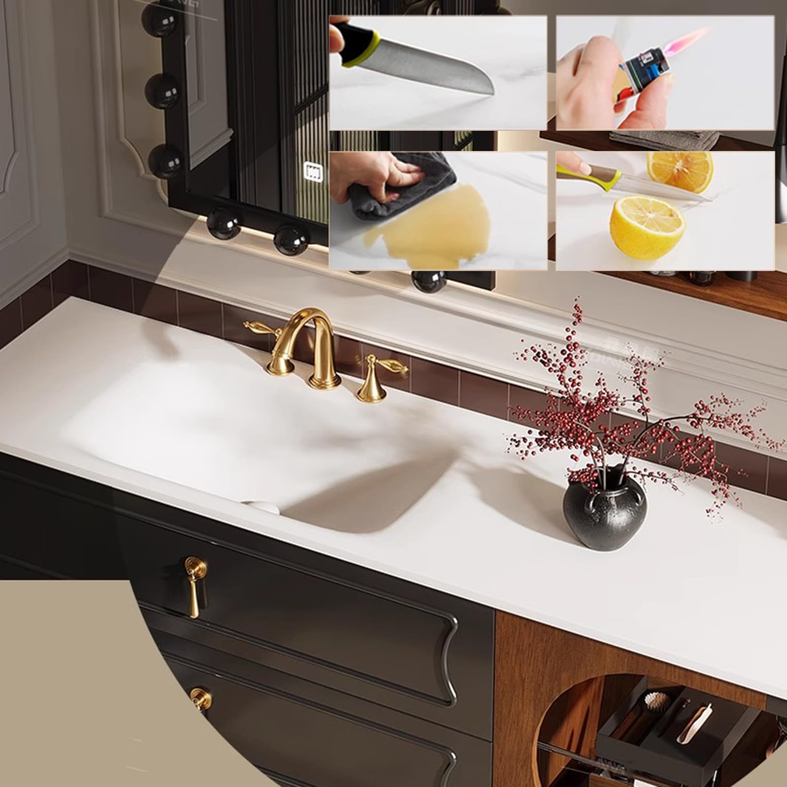 Mobile da Bagno con Lavabi, Lavabo con Mobiletto, con Armadietto A Specchio (incl. LED) E Rubinetto, Set di Mobili da BagnoBlack,150cm/60in