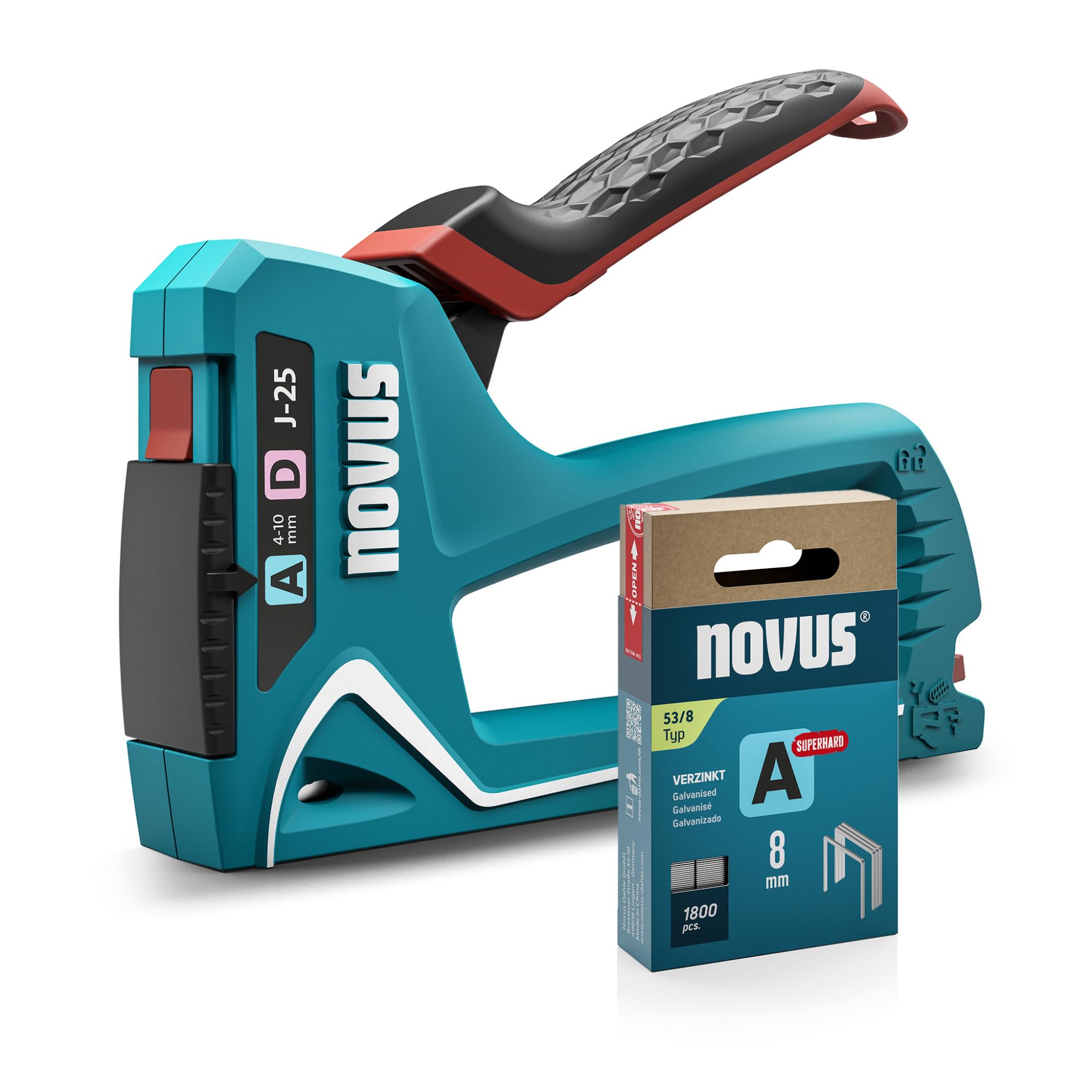 NOVUS TOOLS Grapadora manual J-25 con 1800 grapas, pequeña 2 en 1 para madera, con palanca de agarre suave y mecanismo de carga inferior, para alambre fino y grapas de alambre plano de 4 a 10 mm