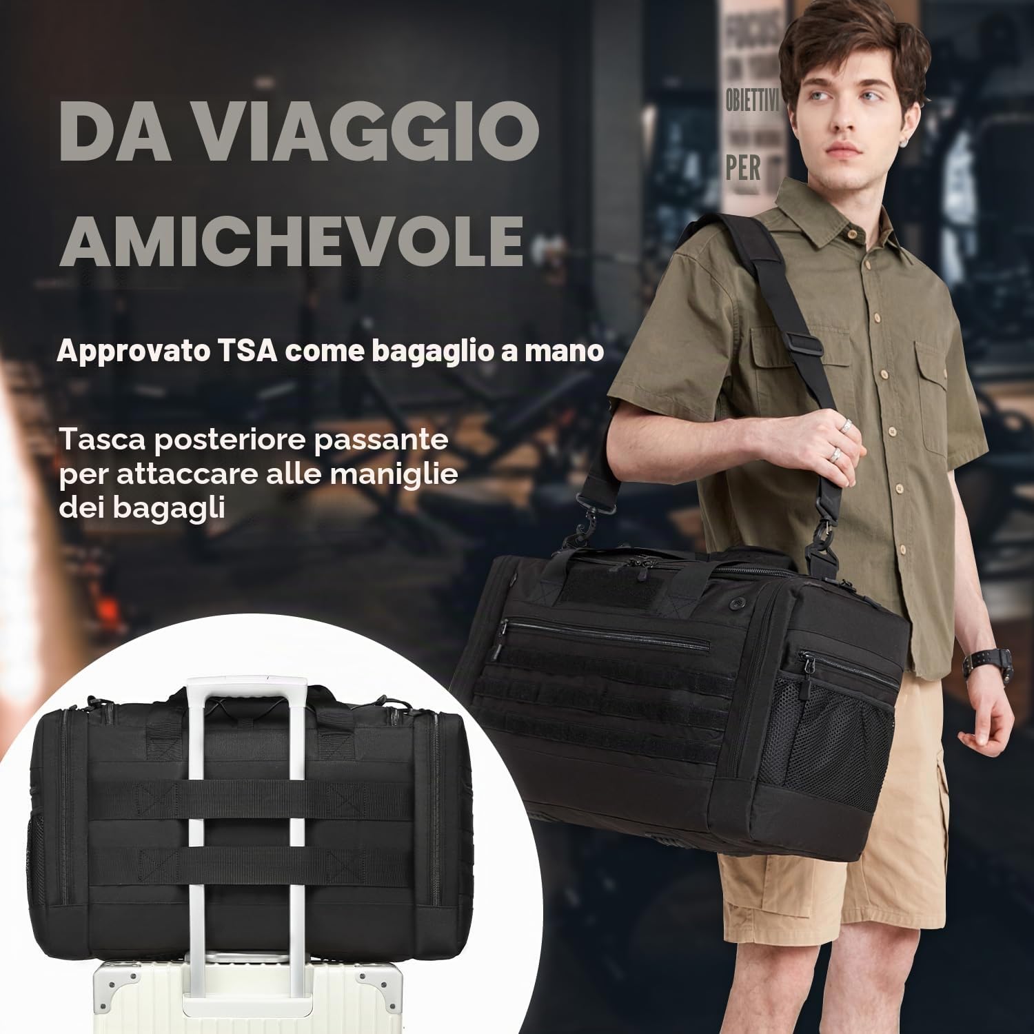Borsa Palestra e Sportiva 45L, Borsone Viaggio MOLLE Sistema da Classica per Uomo e Donna, Con Scomparto per Scarpe, Impermeabile per Sport, Fitness Palestra, Sauna (Nero)
