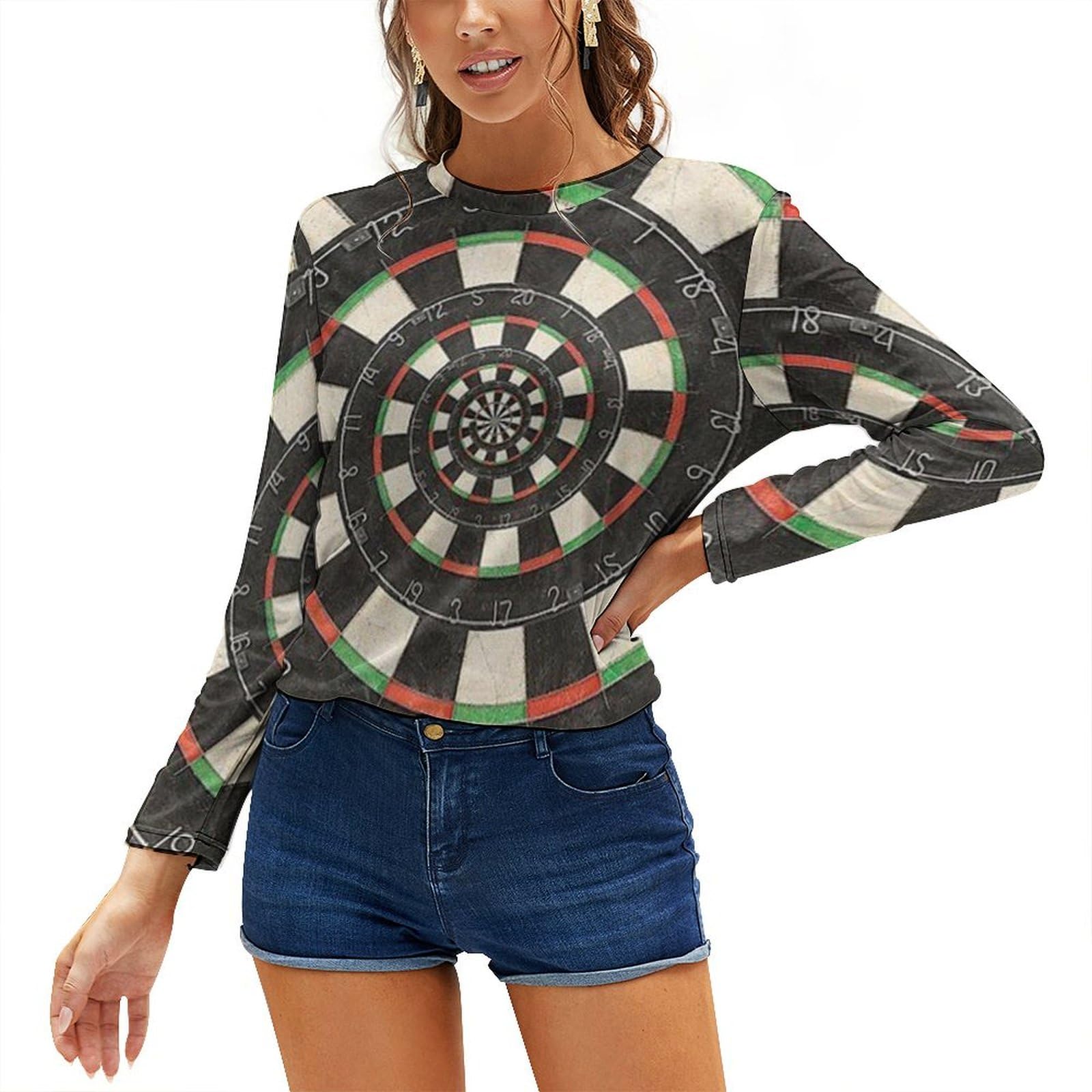 Jzemdybill Women's As Shown Top, Darts Target Long Sleeve T-Shirt, Casual Long Sleeve Crew Neck Top