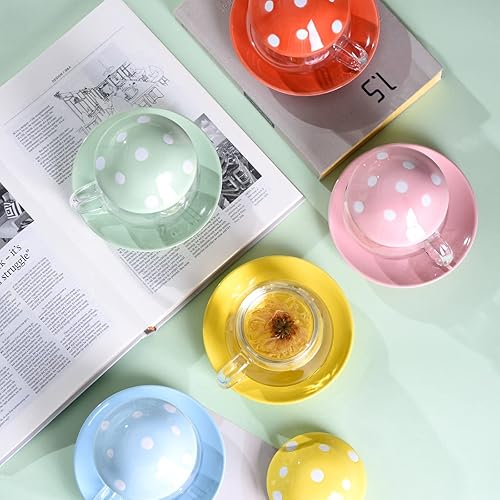 Miniatura 5 de Hyltd Taza de té de hongos, tazas de té de cristal, taza de té de hongos, taza de té de hongos con tapa de filtro, posavasos de 9.6 onzas, naranja