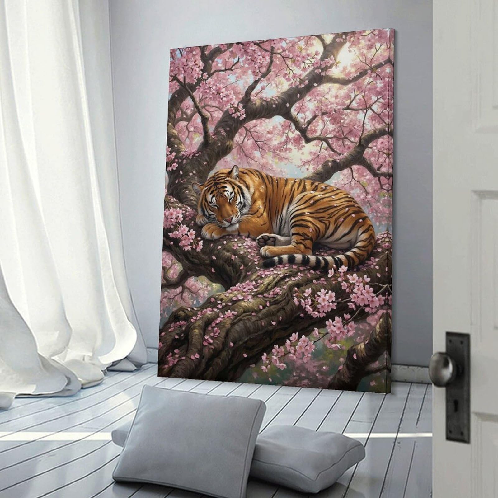 Junmoney Tiger Sleeping in Cherry Blossom Tree Decorative Wall Artwork, 20x30inch(50x75cm), for New Homes, Bedrooms Or Workspaces, Gift Idea for Housewarming And Birthdays