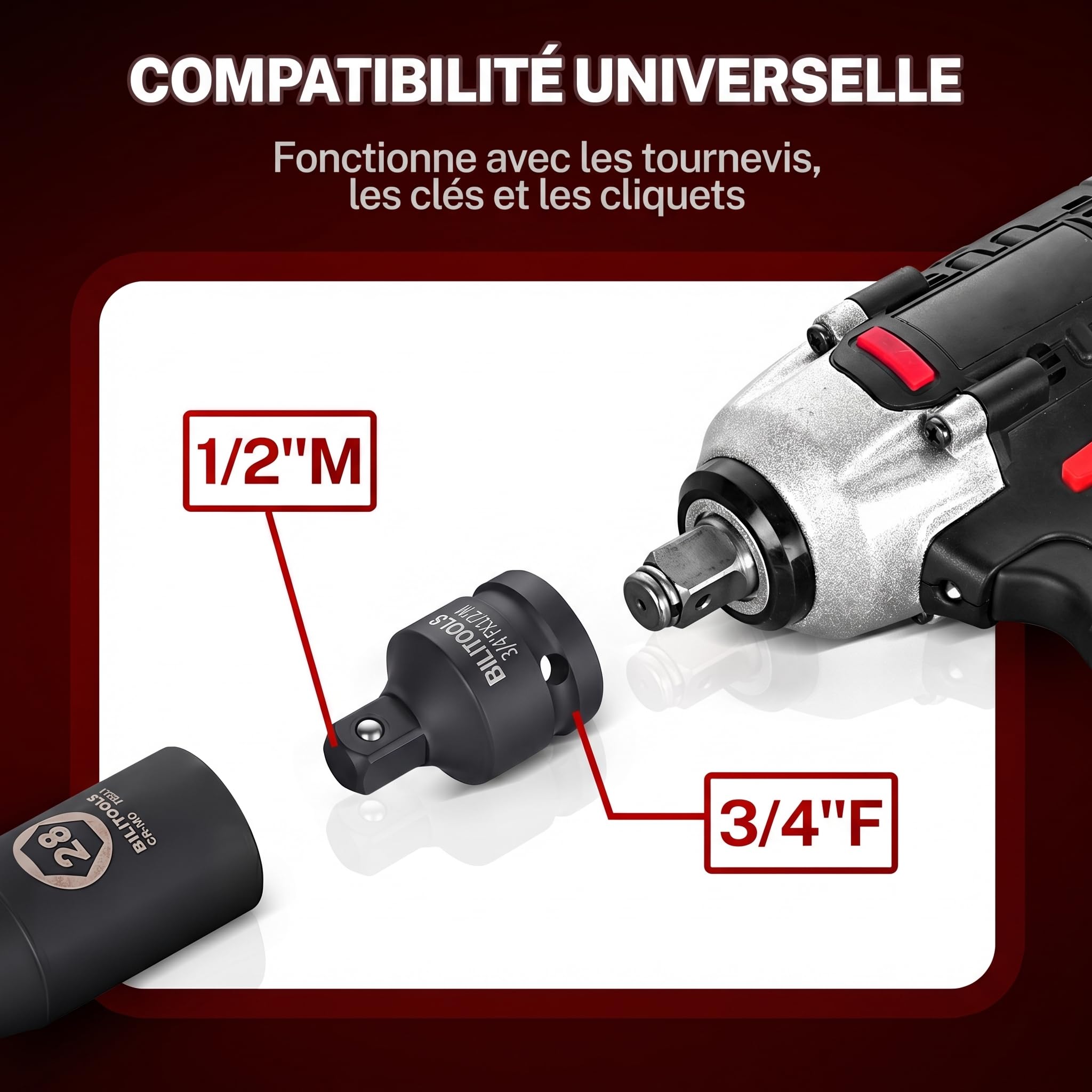 BILITOOLS Adaptateur Cliquet 17 pcs, Adaptateur Douille pour Clé à Choc