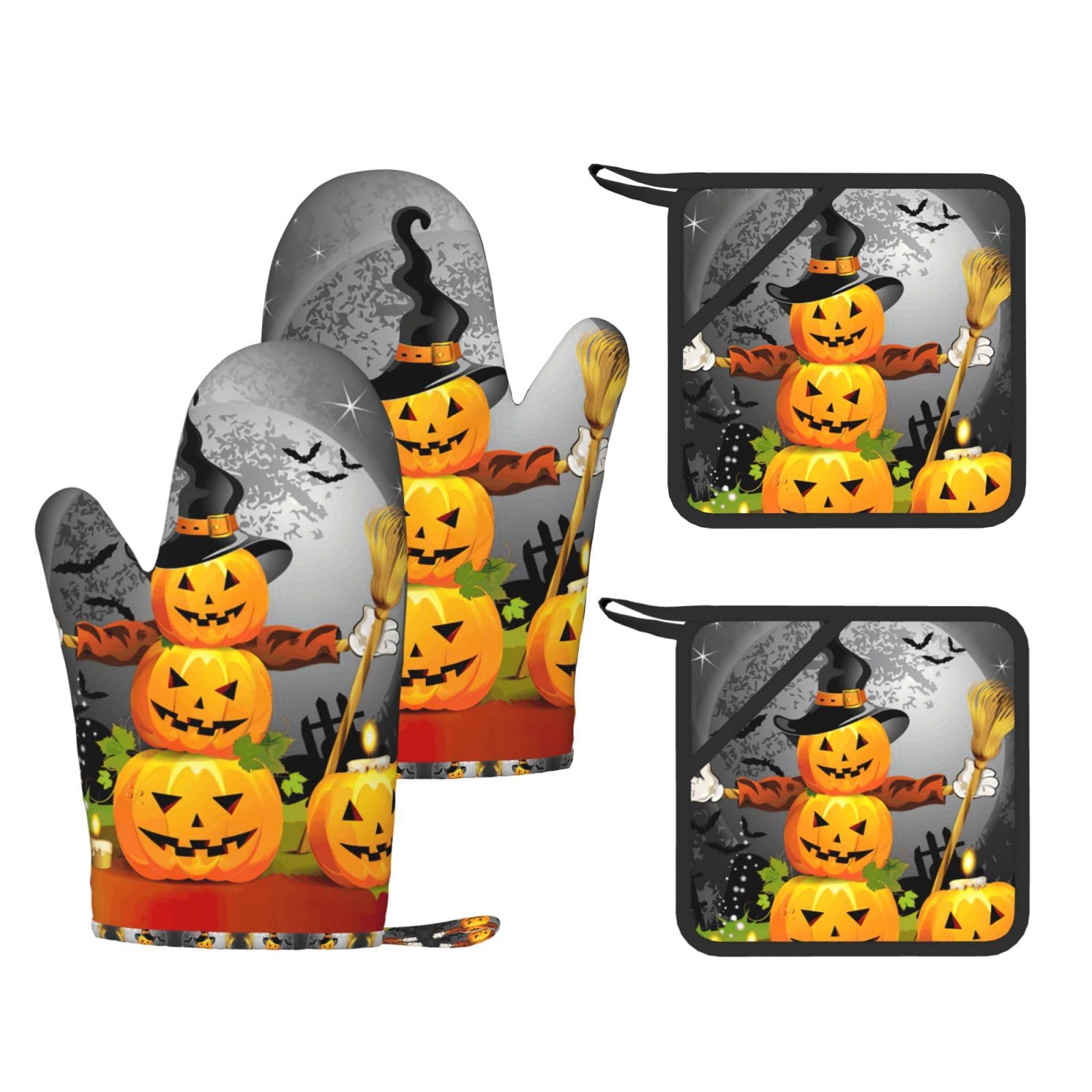 Halloween Pumpkin Printed Potholder and Oven Mitt Set of 4, High Heat Resistant Cooking Gloves for BBQ Grilling