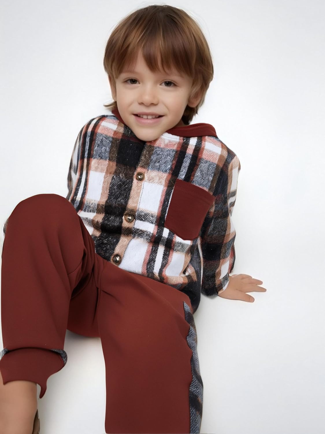 Boys Clothes Plaid Hooded Shirt 2pcs Outfit, Button Front Toddler Fall Winter Hoodie & Sweatpants Set, 4-8 years - Image 3