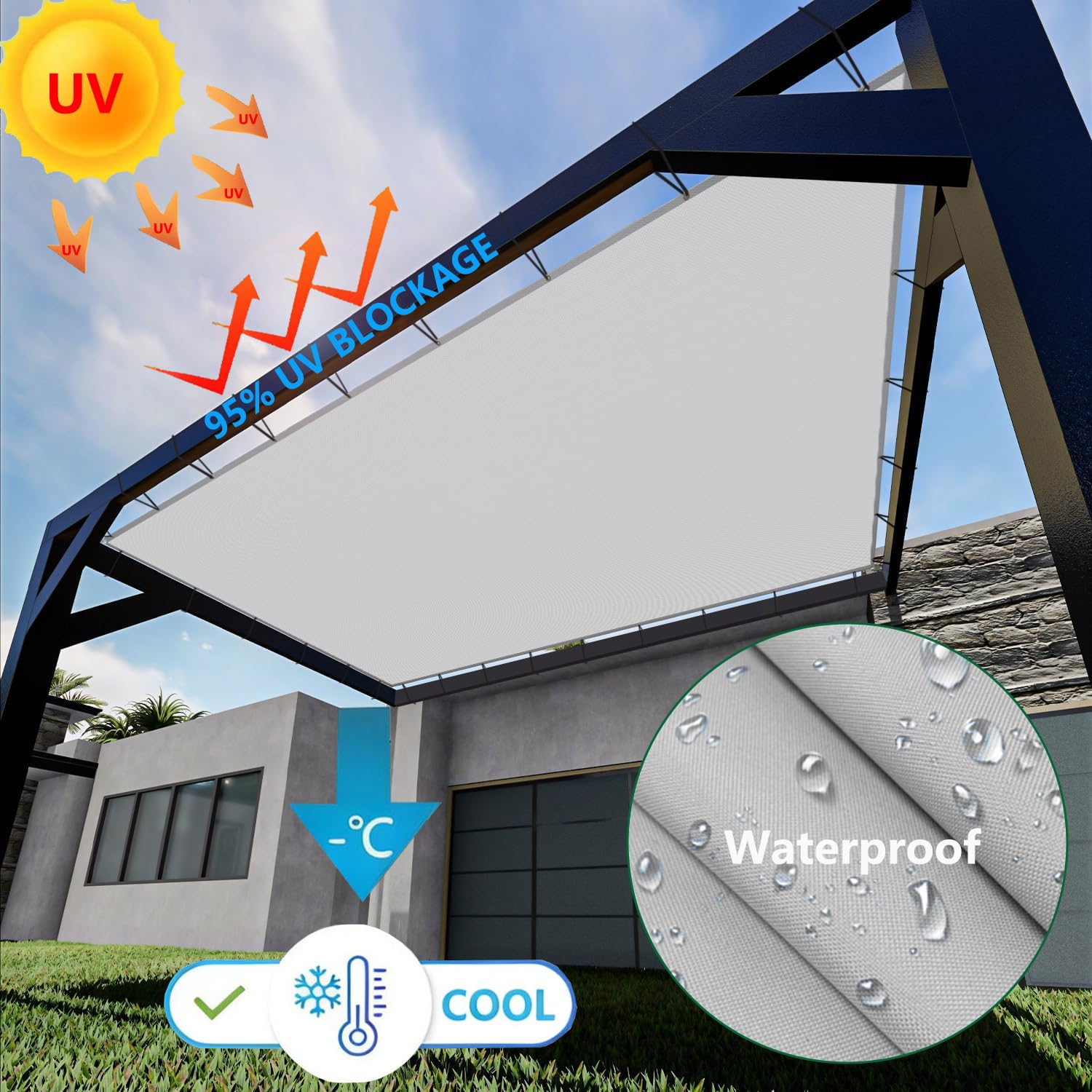 Sonnensegel Wasserdicht Rechteckig 4x4m Gerade Kante Segeltuch Schattensegel Sonnenschutz Terrasse UV-Schutz Wetterfest PES Sunsegel mit Ösen und Seil für Balkon Pergola und Garten Hellgrau