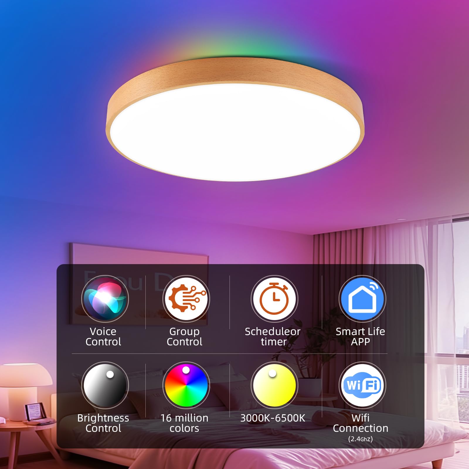 Plafoniera intelligente LED WiFi con telecomando, lampada da soffitto in legno di faggio naturale compatibile con Alexa Google Home, luce cambia colore dimmerabile per la camera da letto