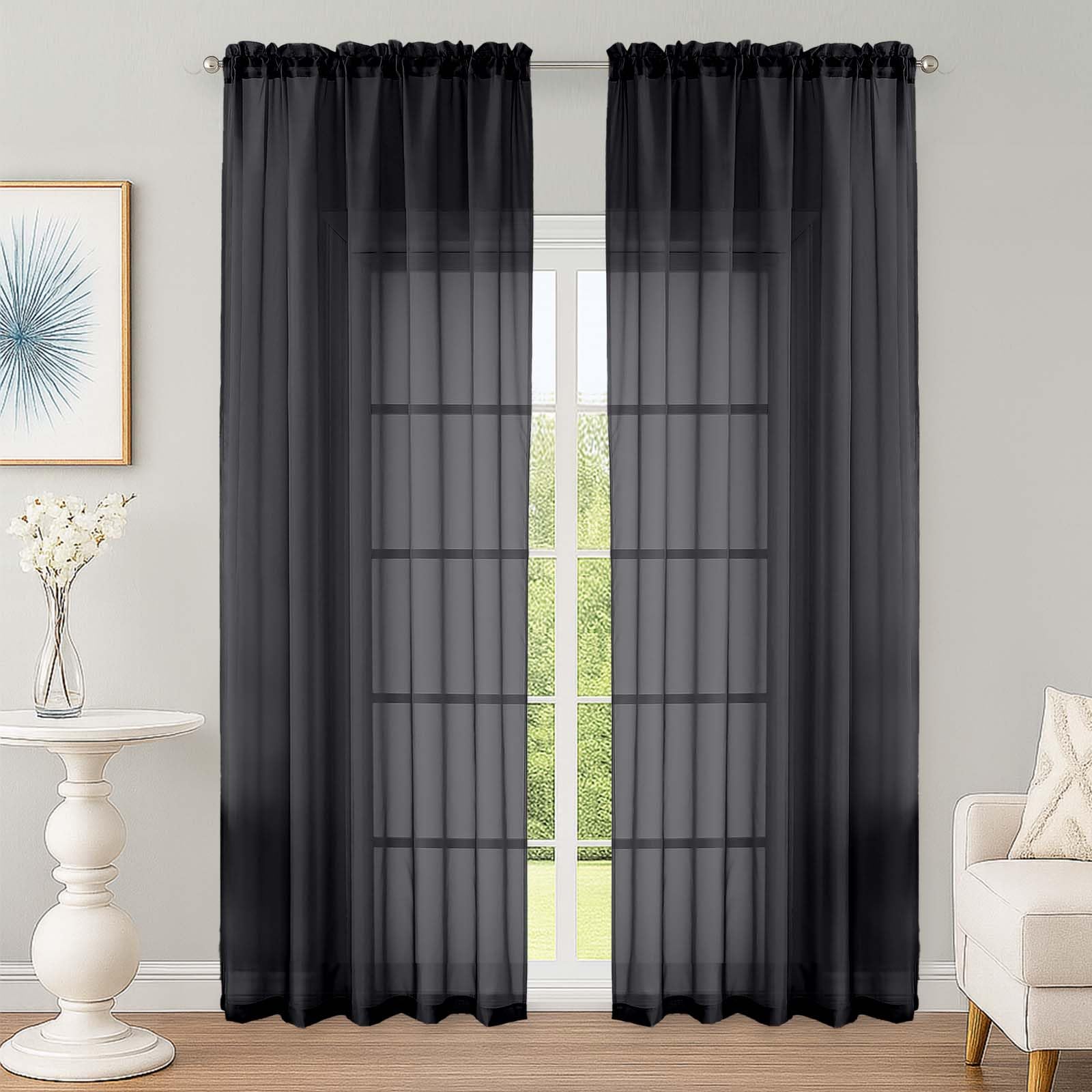 OWENIE Black Sheer Curtain 90 Inches Long 2 Panels Set, Solid Filmy Drapes for Living Room Bedroom, Elegant Window Voile Sheer Curtain Panels Drapes, 2 Pcs, Each 59W x 90L Inch