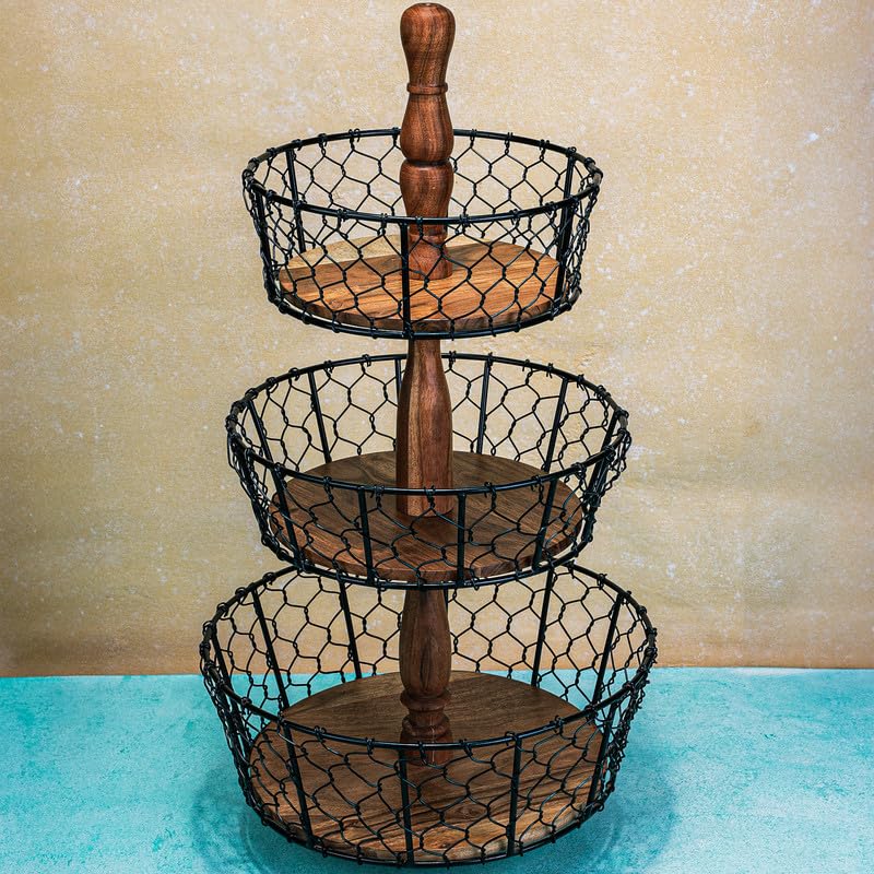 Image of Ireka Home Farmhouse Multipurpose Storage Basket | Acacia Wood with Iron Handles | Three-Tier Organizer for Living Room, Kitchen, Fruits and Vegetables