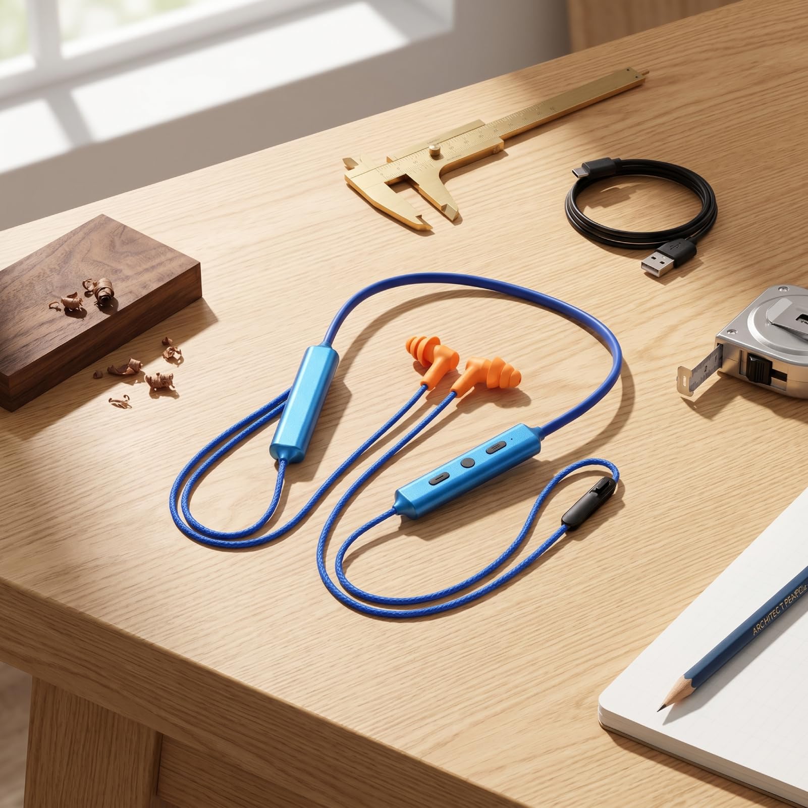 heayzoki bluetooth earplug headphones for work, rechargeable neckband wireless earbuds, noise reduction, ipx5 water proof earbuds for construction site workshop (blue)