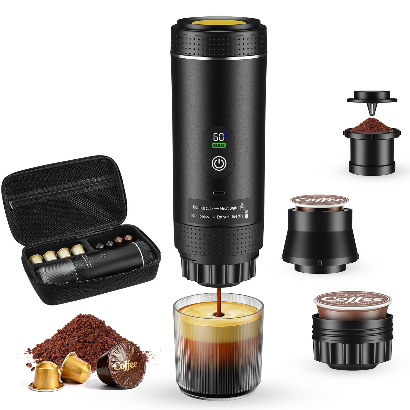 Machine à espresso portable 3 en 1, cafetière à batterie 20bars, mini machine à café nomade avec USB, écran LED, boîte de rangement, compatible café moulu et capsules, pour randonnée, bureau (Noir) - 1