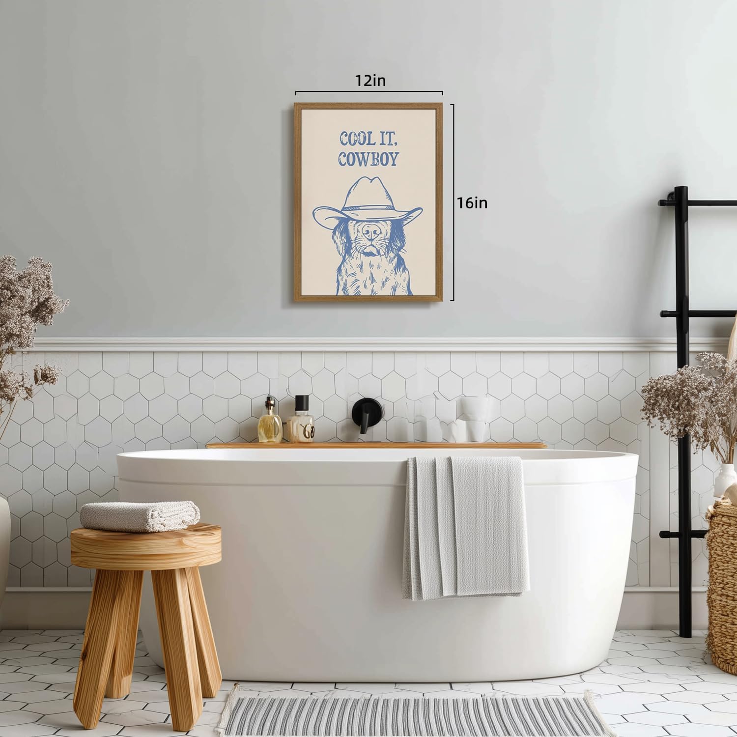 CGXY Wood Framed Western Cowboy Wall Art, Minimalist Dog Cowboy Poster Print, Funny Cool It Cowboy Quote Wall Decor, Rustic Farmhouse Animal Line Artwork for Living Room Bedroom 12x16 Inch
