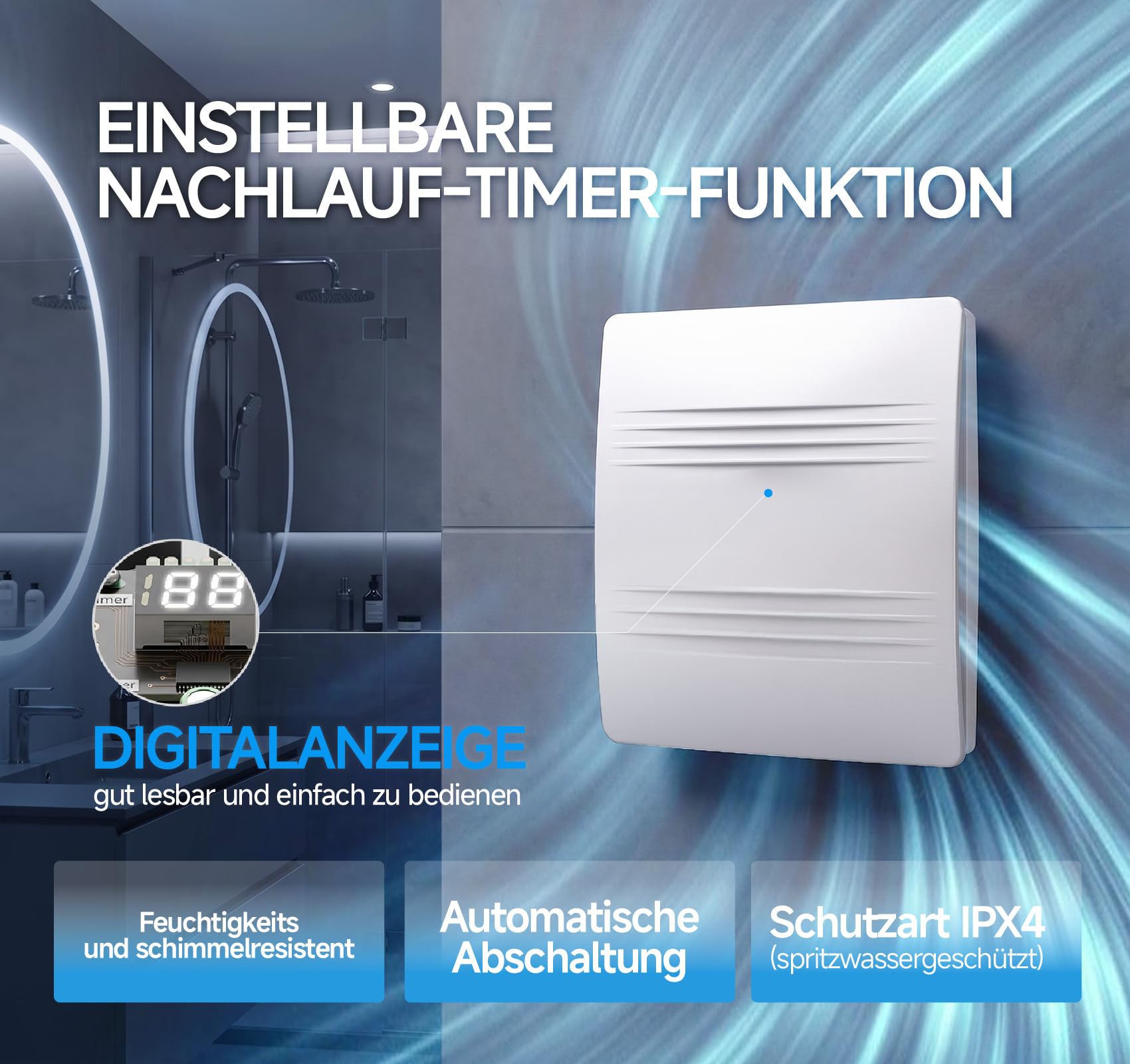 MOCINE Badlüfter 100 mm, Badezimmer Abluftventilator mit Nachlaufsteuerung | 6-stufig einstellbare Laufzeit mit integriertem Display, leiser WC Lüfter gegen Feuchtigkeit und Gerüche, B05