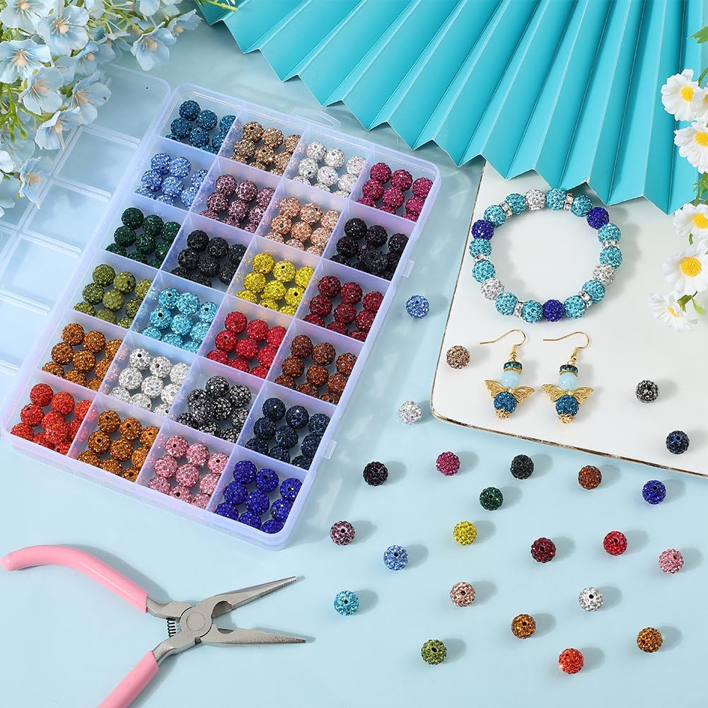240Pcs 24 Colors Black Rhinestone Beads 10mm Rhinestone Pen Beads White Polymer Clay Colorful Shine Glass Diamond Disco Round Ball Spacer Charms Findings for Pens Necklace Bracelet Adults