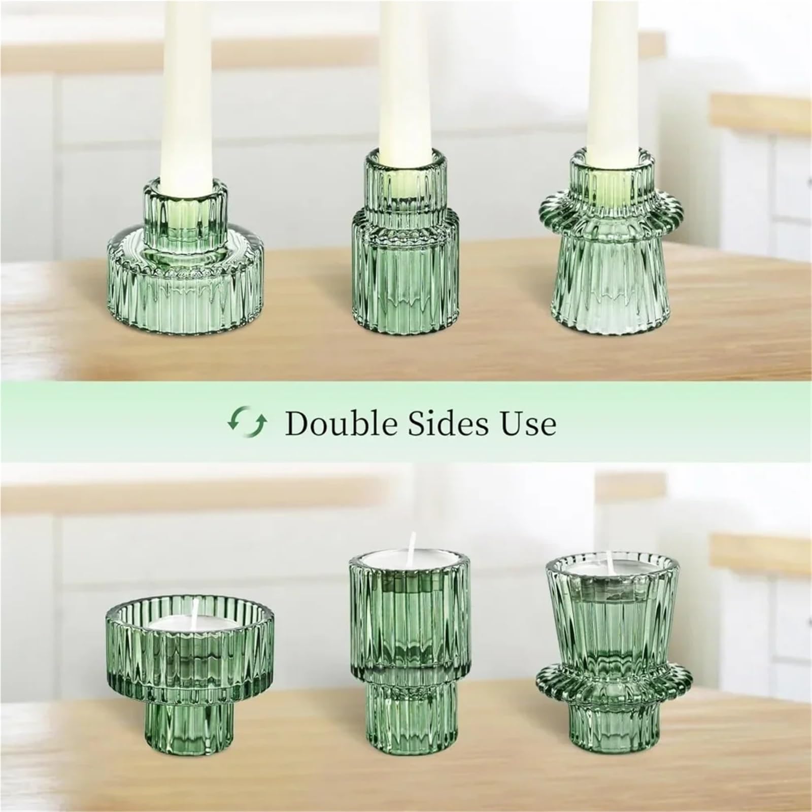 Portavelas Candelabro de Cristal cónico Corto y pequeño for Centro de Mesa, decoración de Bodas y cenas.(3Pcs Green)