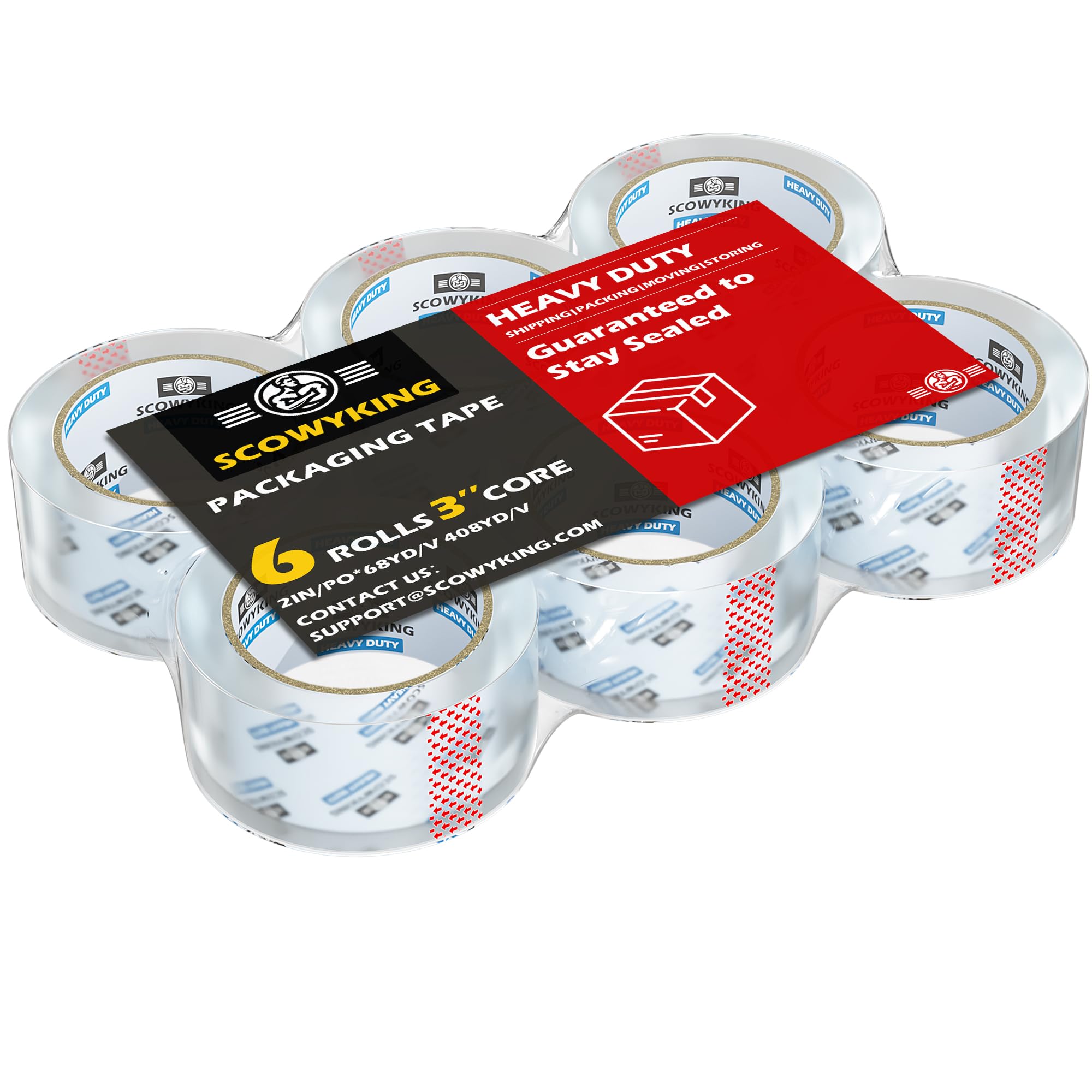 Scowyking Heavy Duty Packing Tape 6 Rolls, Total 408Y, Clear, 2.7 mil, 2 inch x 68 Yards,Ultra Strong,Packaging Tape Refills for Shipping Moving