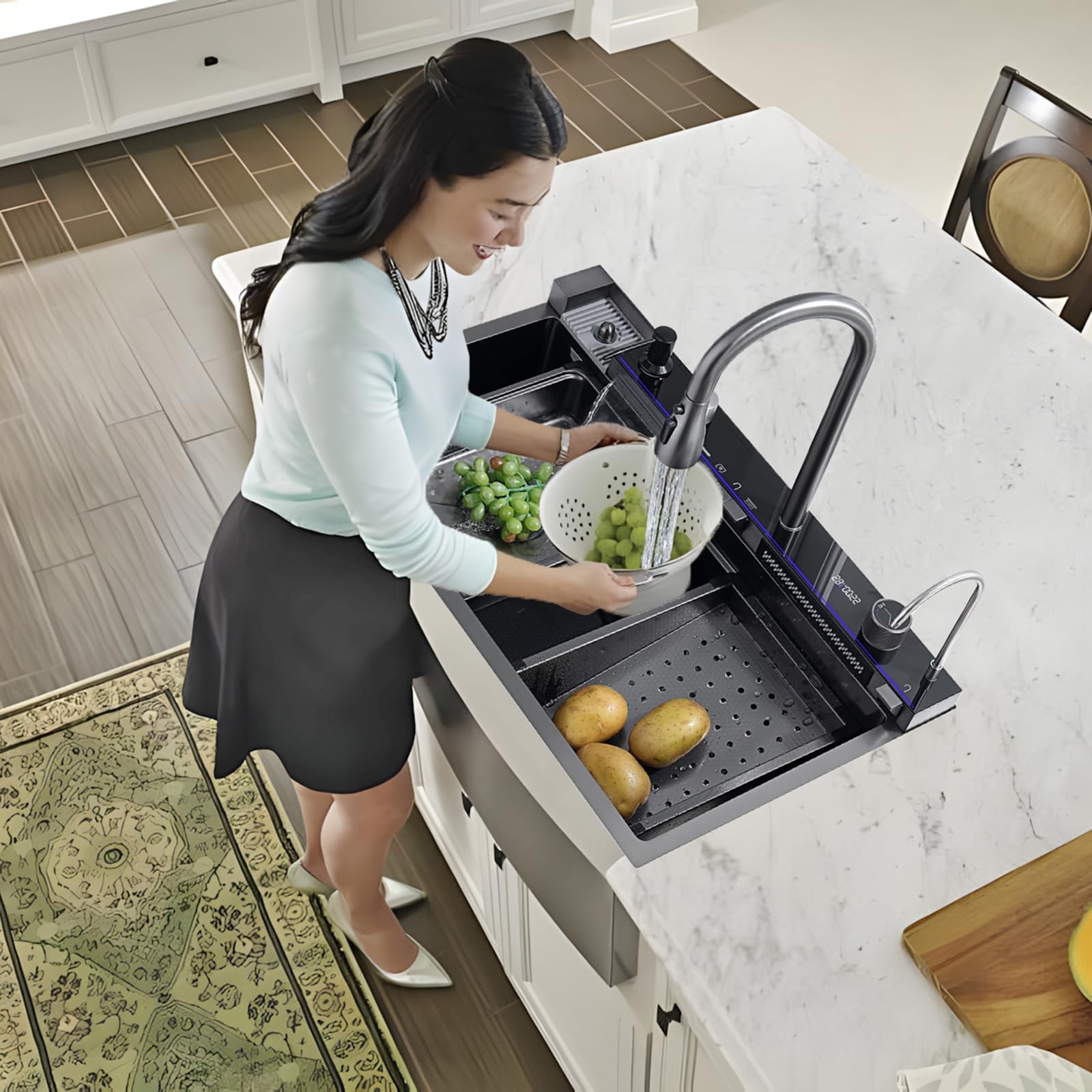 Noir Évier de cuisine 1 baignoire multifonction en acier inoxydable, évier en cascade, avec drainage, planche à découper, lavages, distributeur de savon