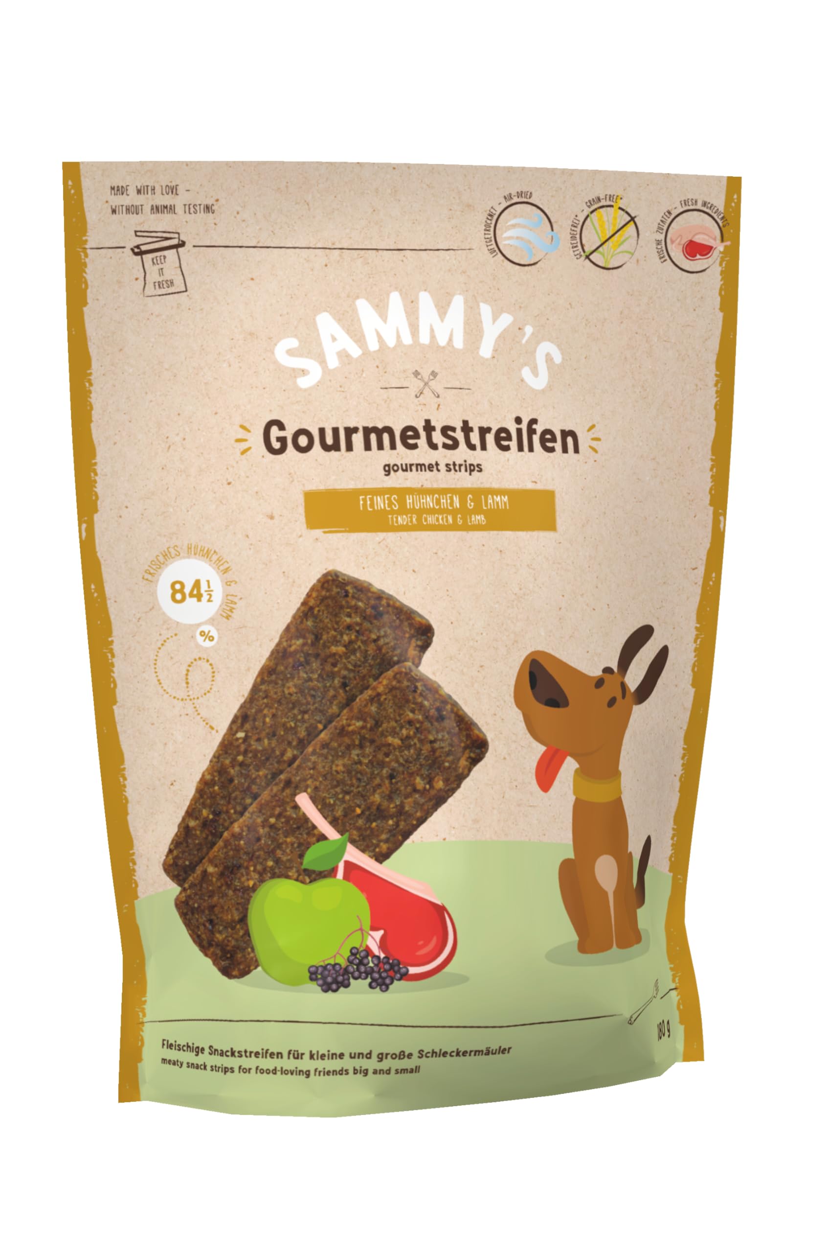 Sammy´s Gourmetstreifen Hühnchen und Lamm | Getreidefrei | Schonend hergestellt & luftgetrocknet | Filetstreifen |1 x 180g