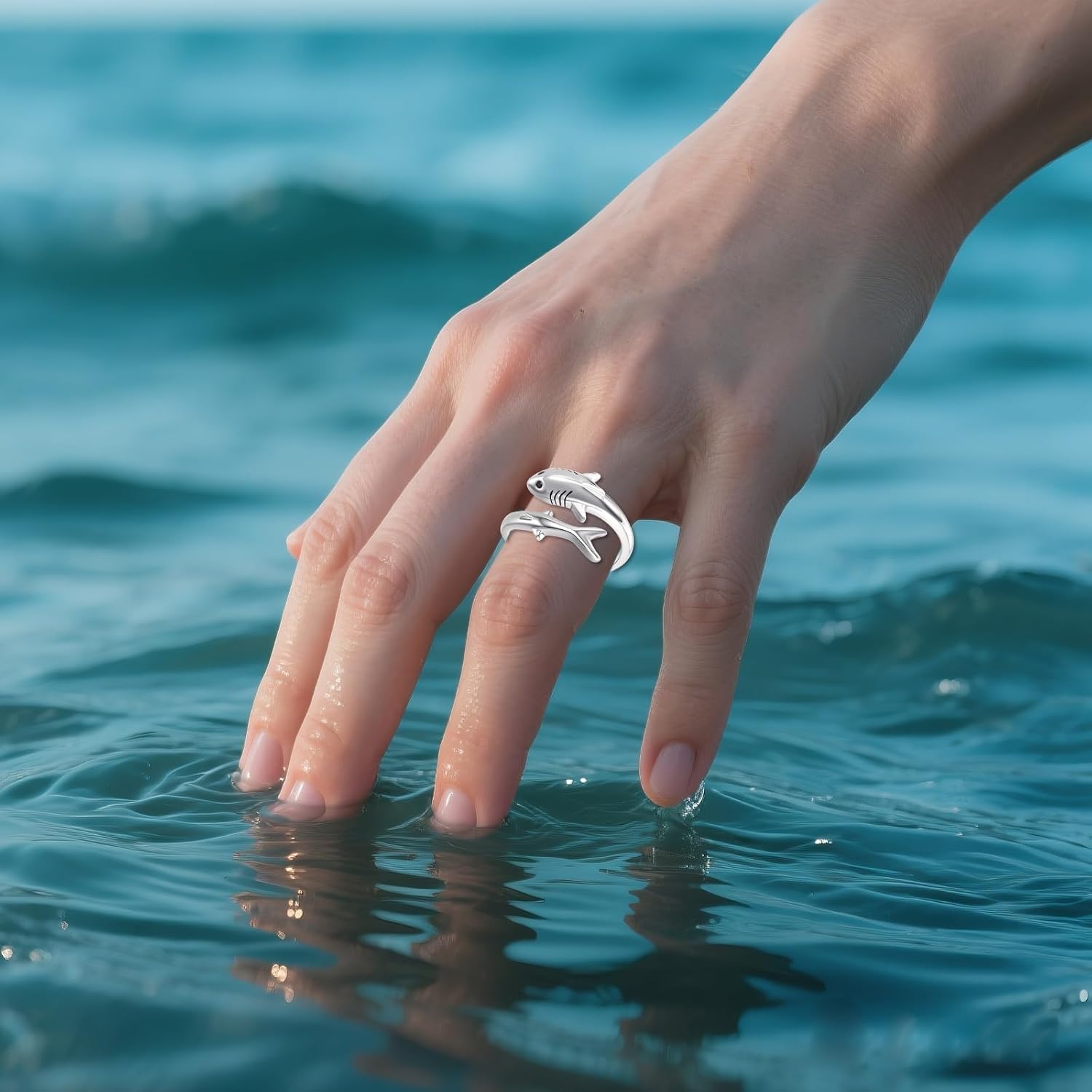 Shark Ring Sterling Silver Ocean Shark Adjustable Ring Animal Jewelry for Women Mum - Image 2