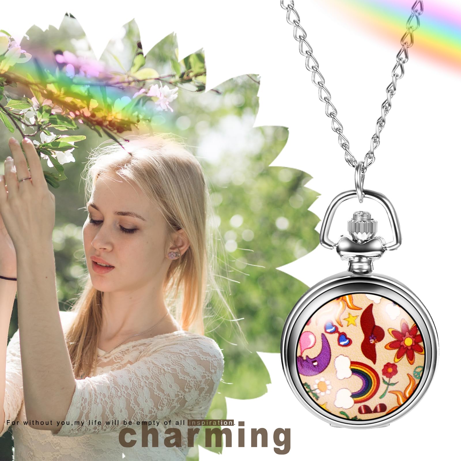 JewelryWe Reloj Bolsillo Moda Mujer: Reloj de Bolsillo de Cuarzo Analógico Girasol Arco Iris Decoración Patrón Cadena Jumper Esfera de Números Arabes - para Uso Diario Colección Regalo