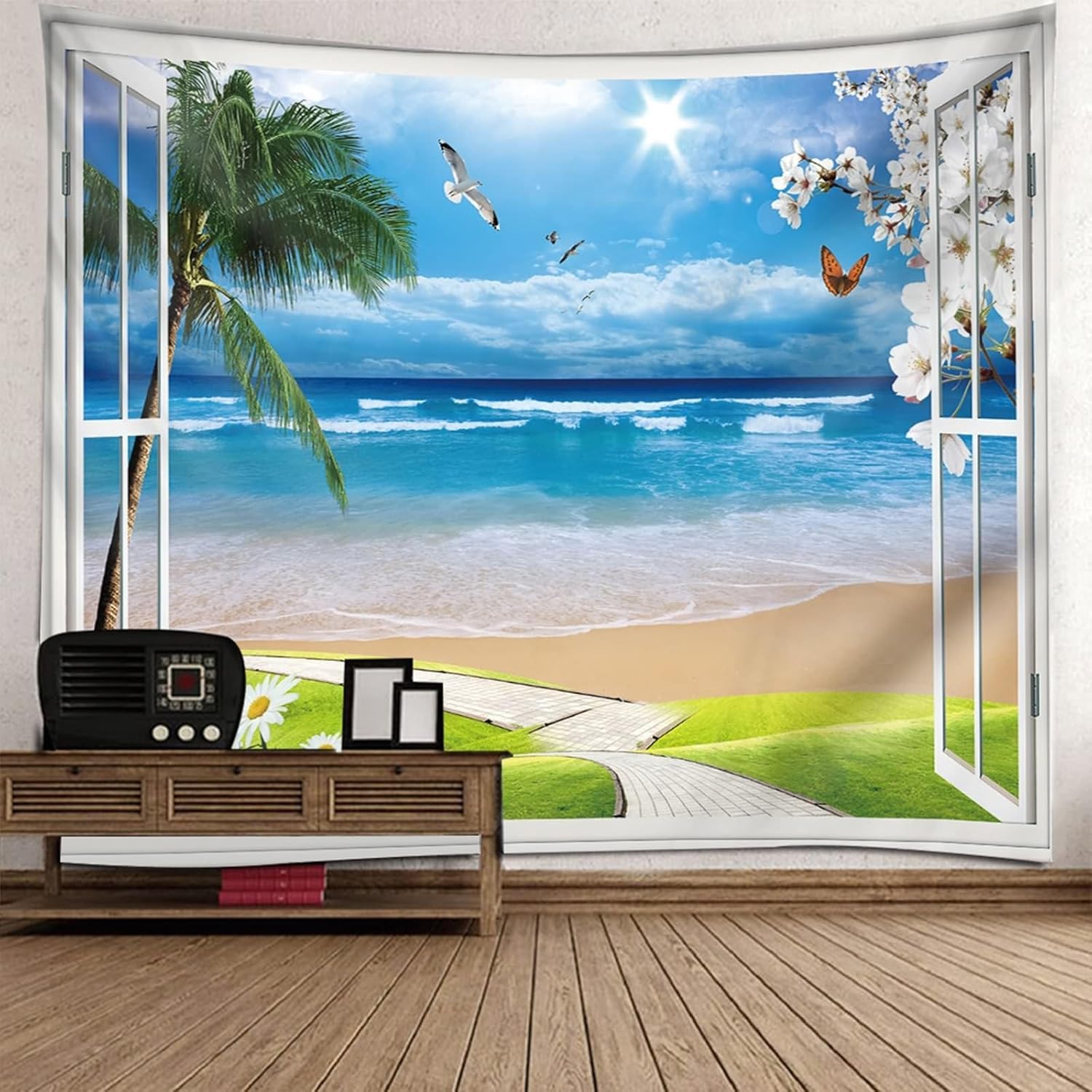 PUOJIEAT Gobelin ścienny ocean wiszący widok na okno 3D gobeliny dekoracje ścienne tkanina z mikrofibry do domu salon sypialnia 240x260 cm 1152-GT