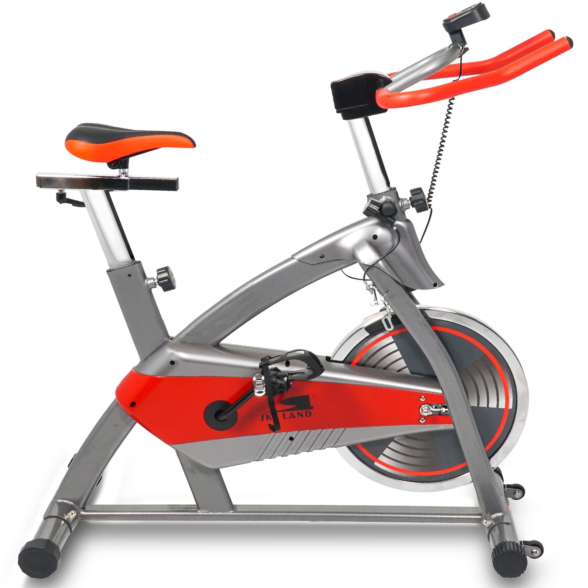 SKY LAND Fitness Stationary Bikes, Indoor Cycling Bike with 4 way adjustable seat, 2 way peddaling, LCD Monitor and Comfortable Seat Cushion Indoor Spinning Bike - Em-1544, Red